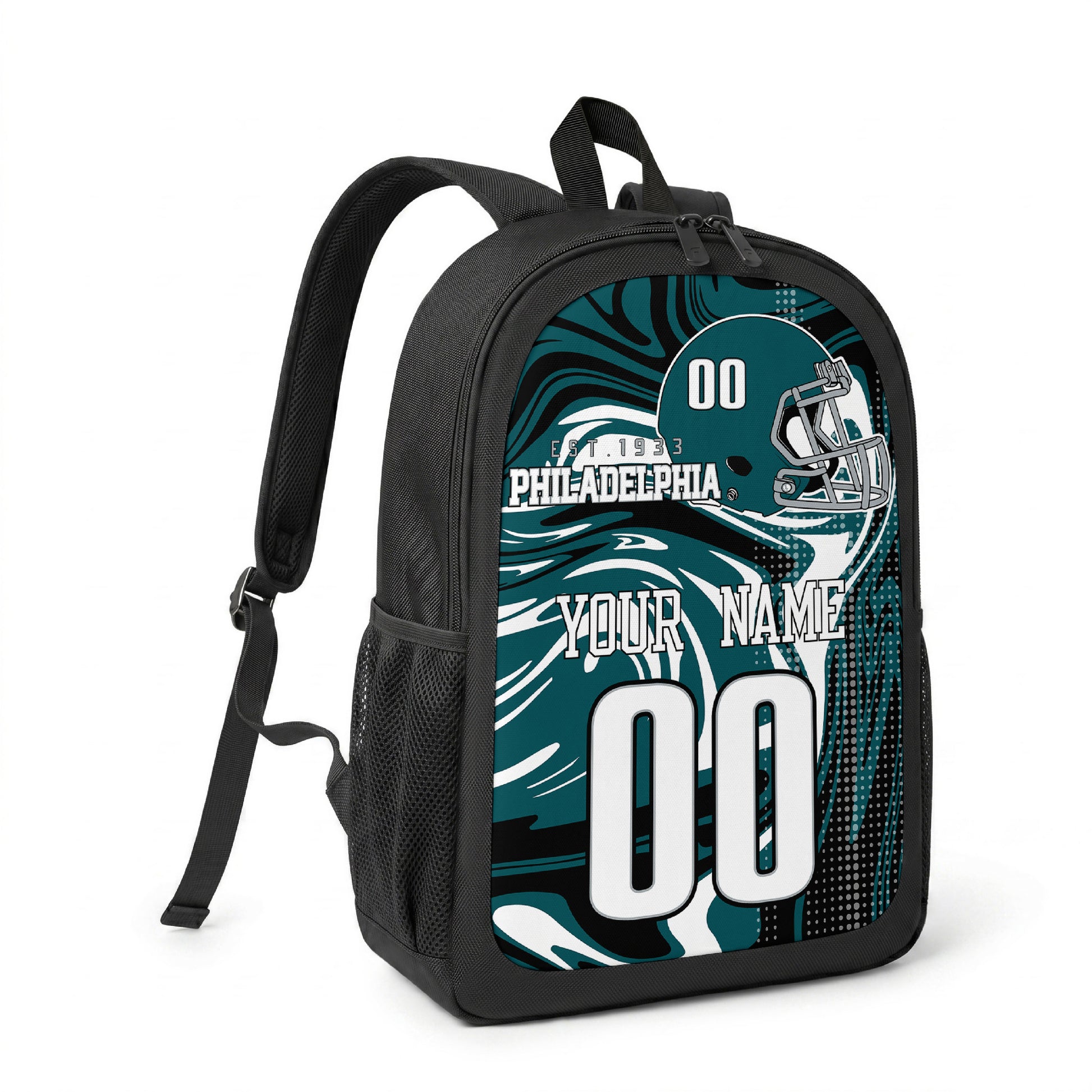 Philadelphia custom name and number football backpack angled side view with black straps
