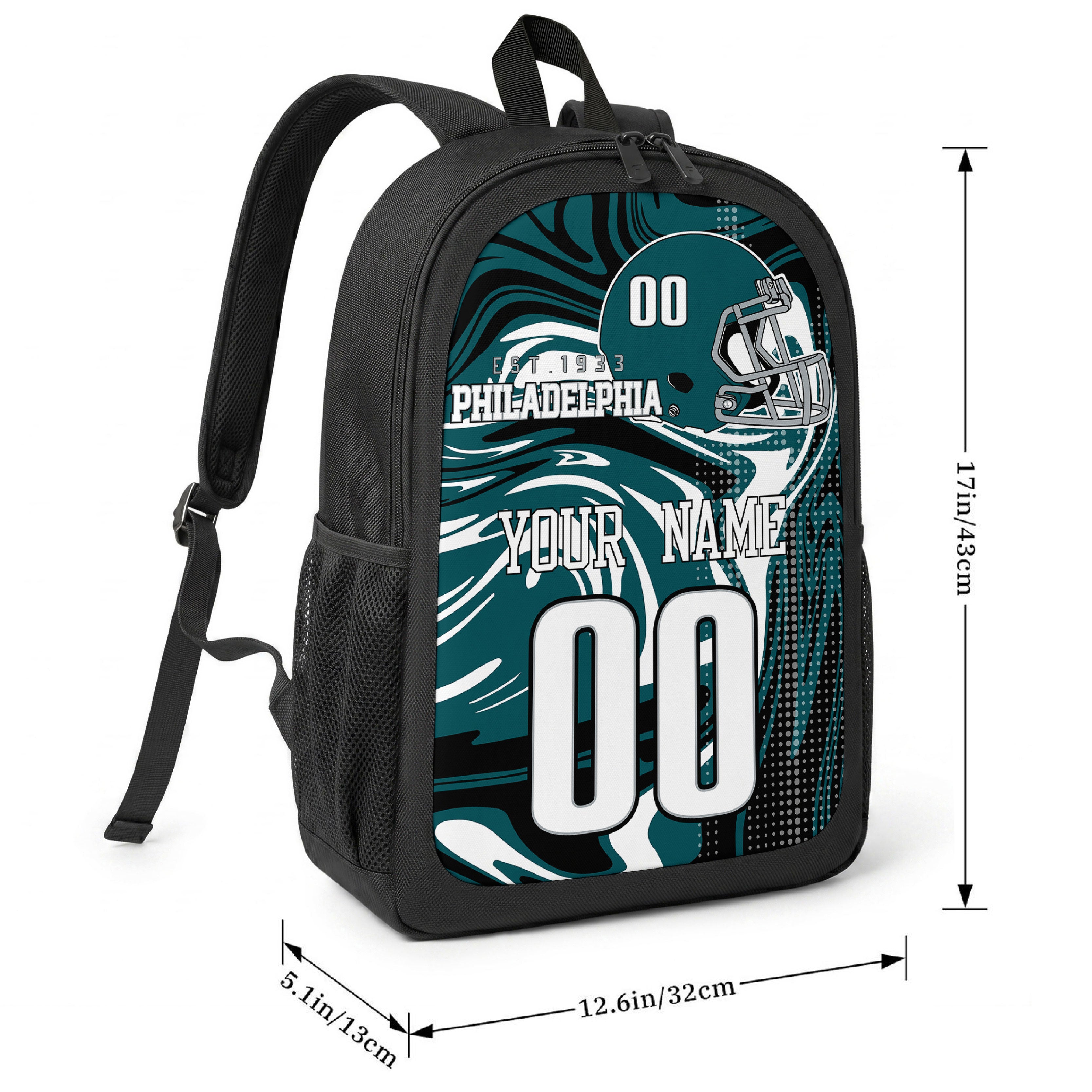 Philadelphia football-inspired backpack size chart showing 17 inch height, 12.6 inch width, and 5.1 inch depth