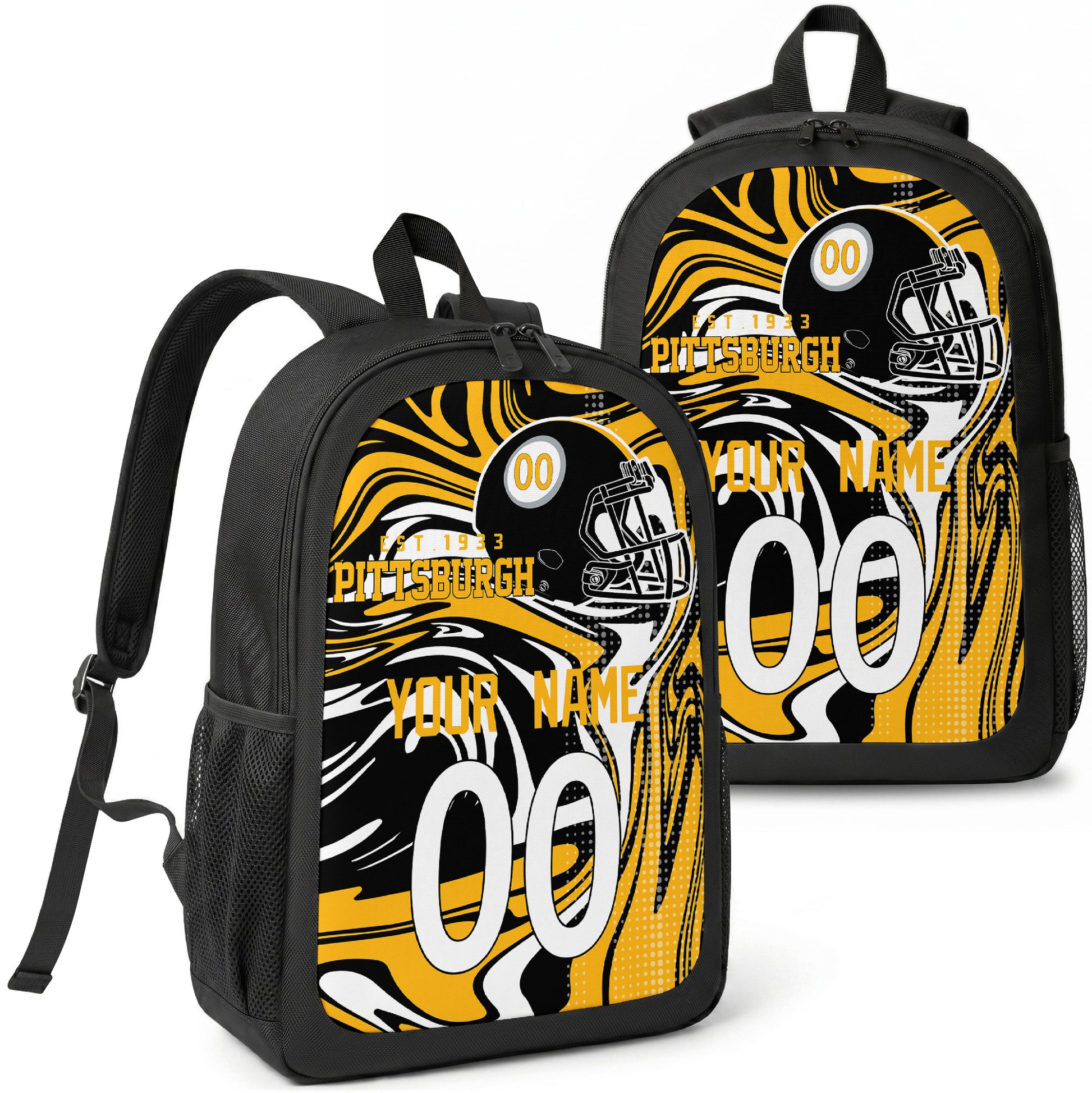 Pittsburgh custom football backpack with name and number, front and angled product view