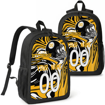 Pittsburgh custom football backpack with name and number, front and angled product view