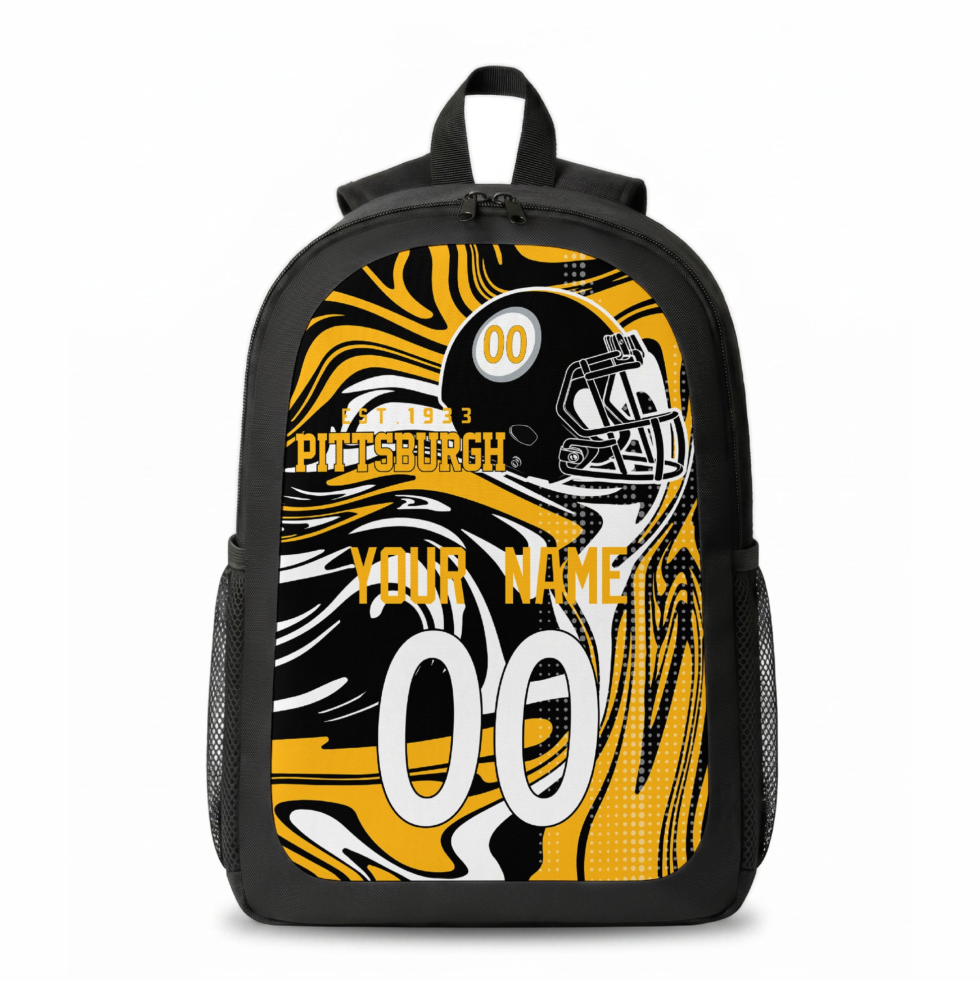 Pittsburgh city colors personalized football backpack front view with helmet-style graphic