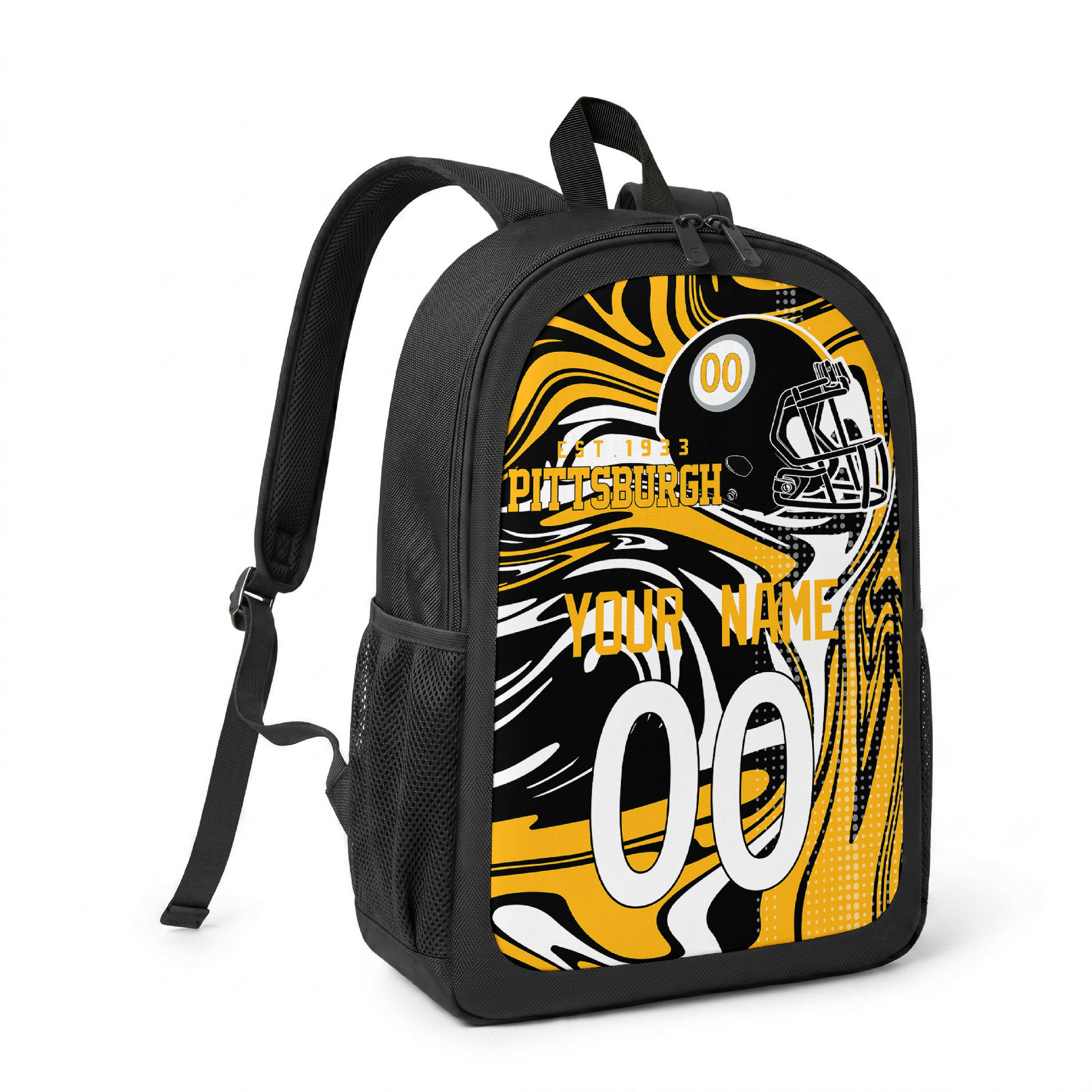 Pittsburgh custom name and number football backpack angled side view with black straps