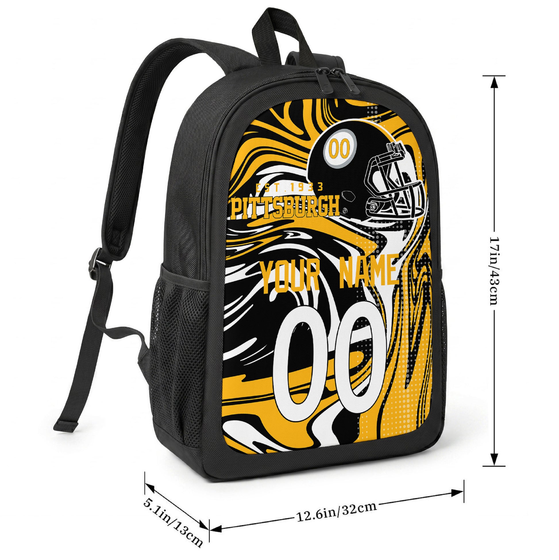 Pittsburgh football-inspired backpack size chart showing 17 inch height, 12.6 inch width, and 5.1 inch depth
