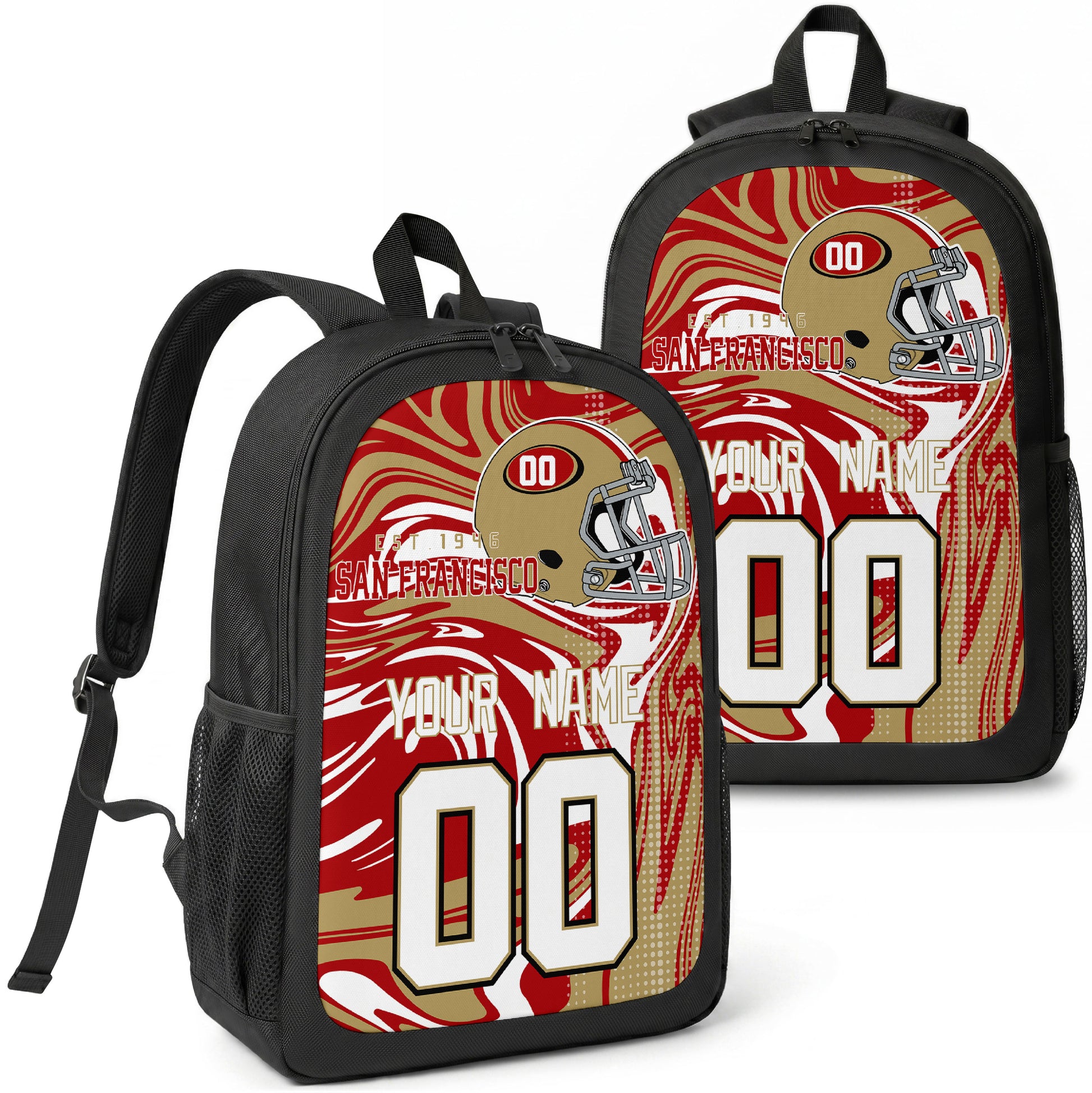 San Francisco custom football backpack with name and number, front and angled product view