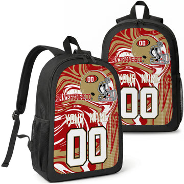San Francisco custom football backpack with name and number, front and angled product view
