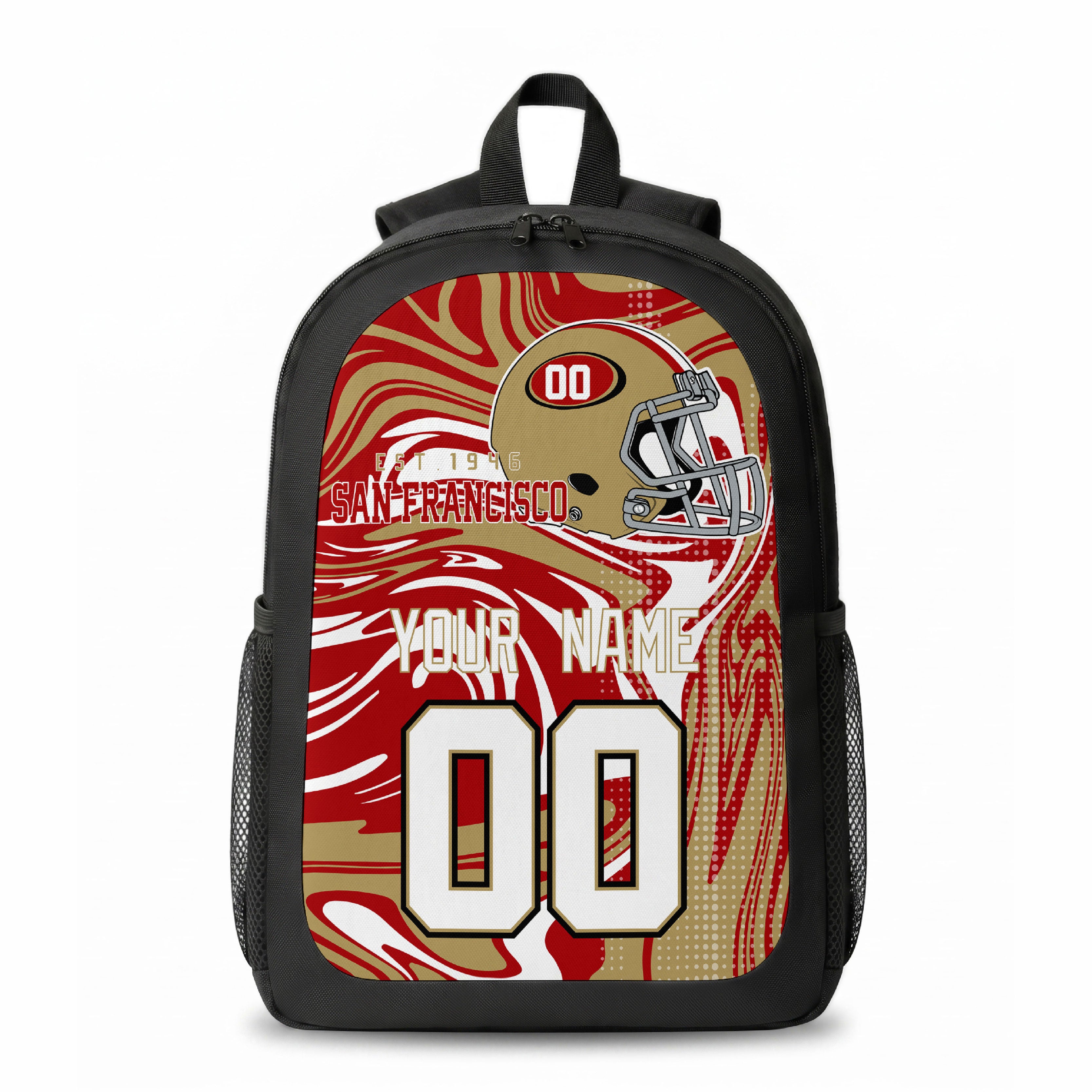San Francisco city colors personalized football backpack front view with helmet-style graphic