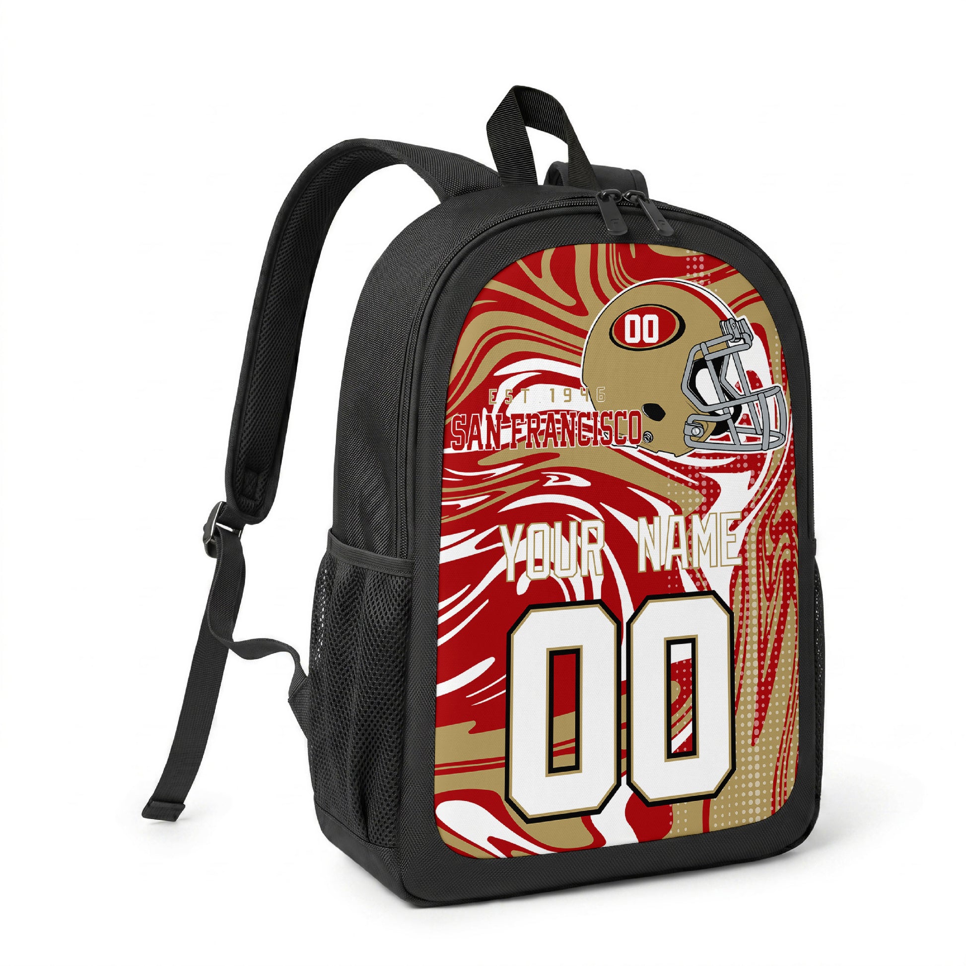 San Francisco custom name and number football backpack angled side view with black straps