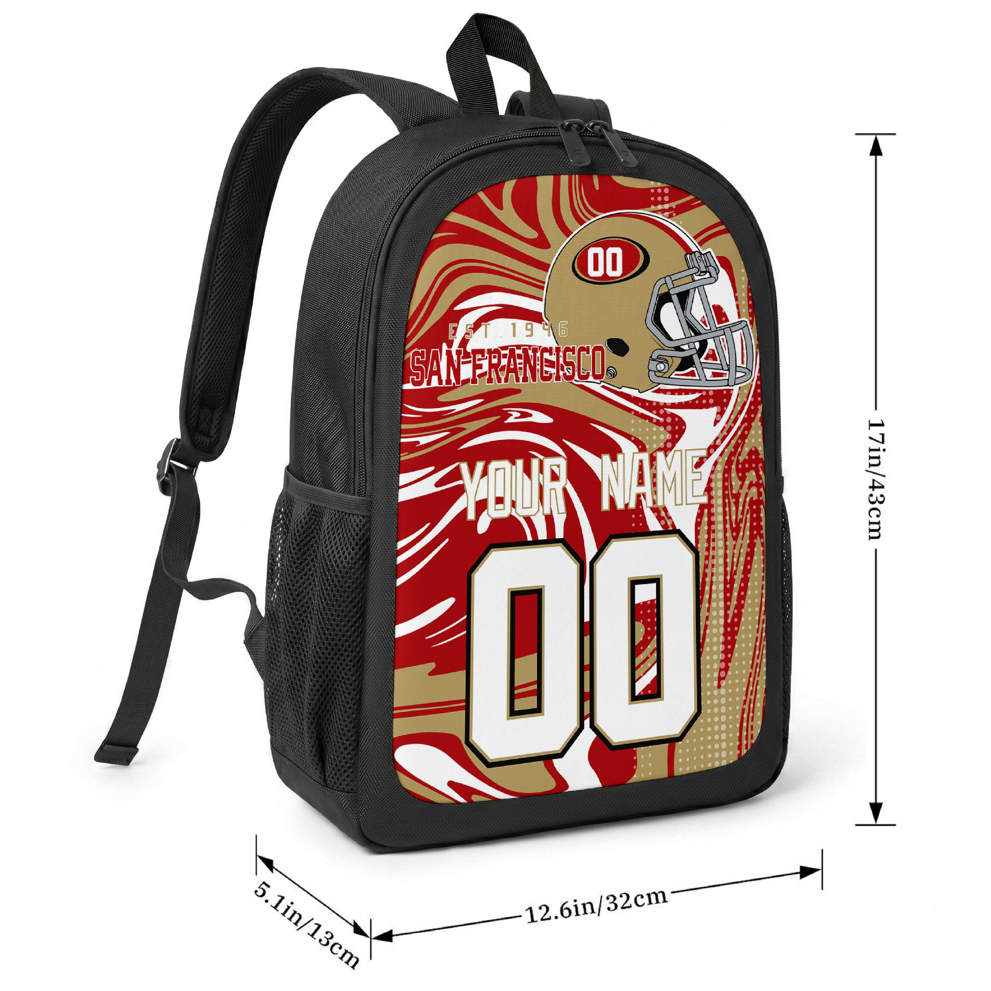 San Francisco football-inspired backpack size chart showing 17 inch height, 12.6 inch width, and 5.1 inch depth