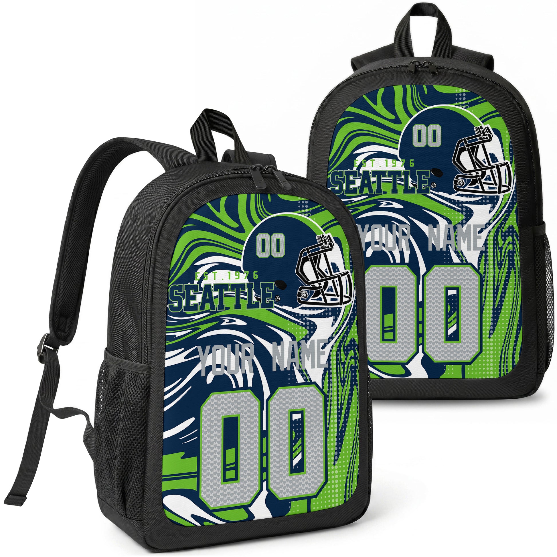 Seattle custom football backpack with name and number, front and angled product view