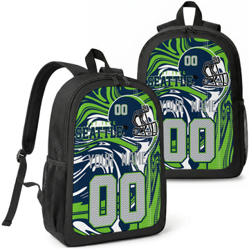 Seattle custom football backpack with name and number, front and angled product view