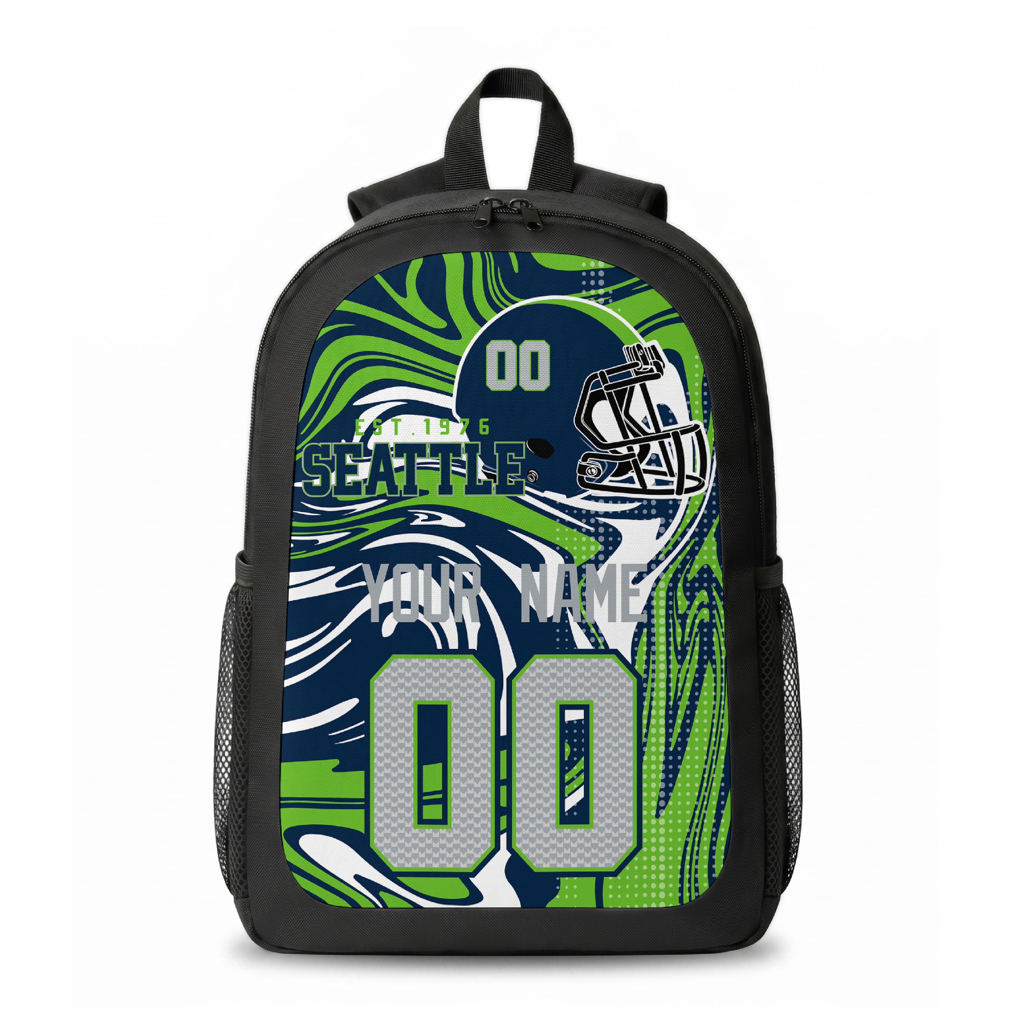 Seattle city colors personalized football backpack front view with helmet-style graphic
