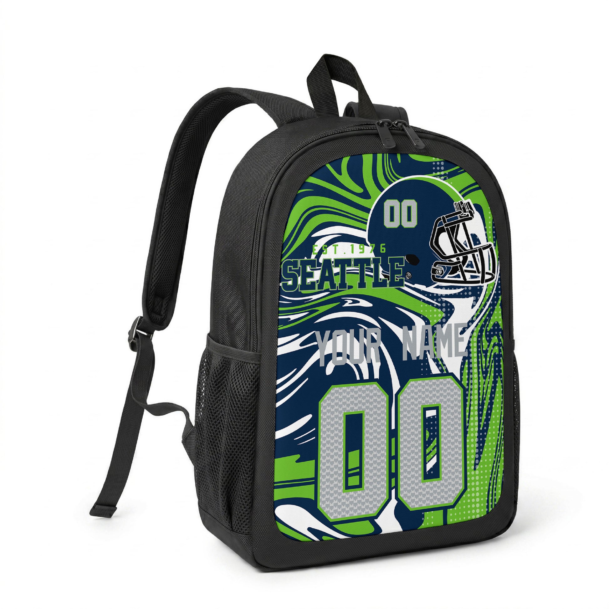 Seattle custom name and number football backpack angled side view with black straps