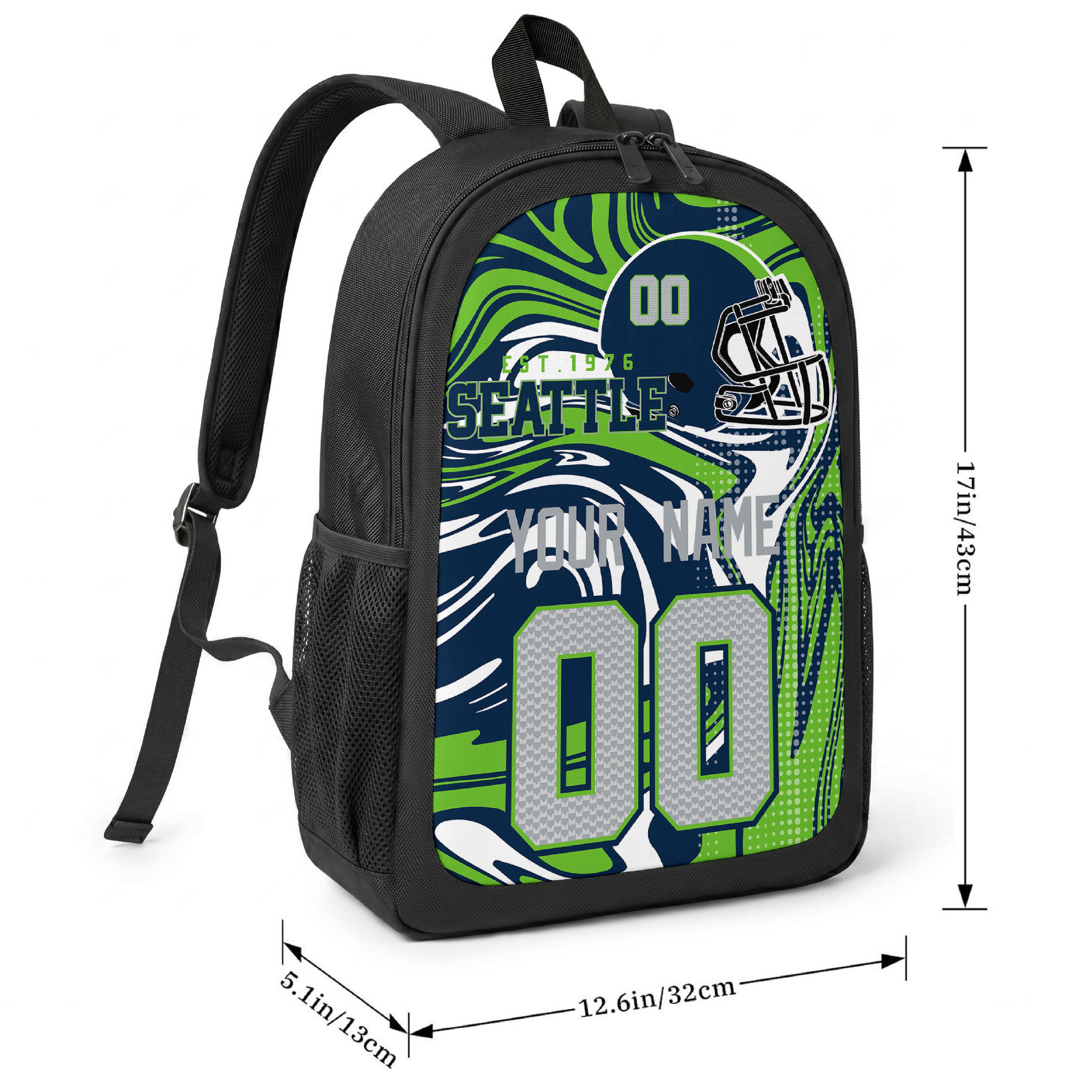 Seattle football-inspired backpack size chart showing 17 inch height, 12.6 inch width, and 5.1 inch depth