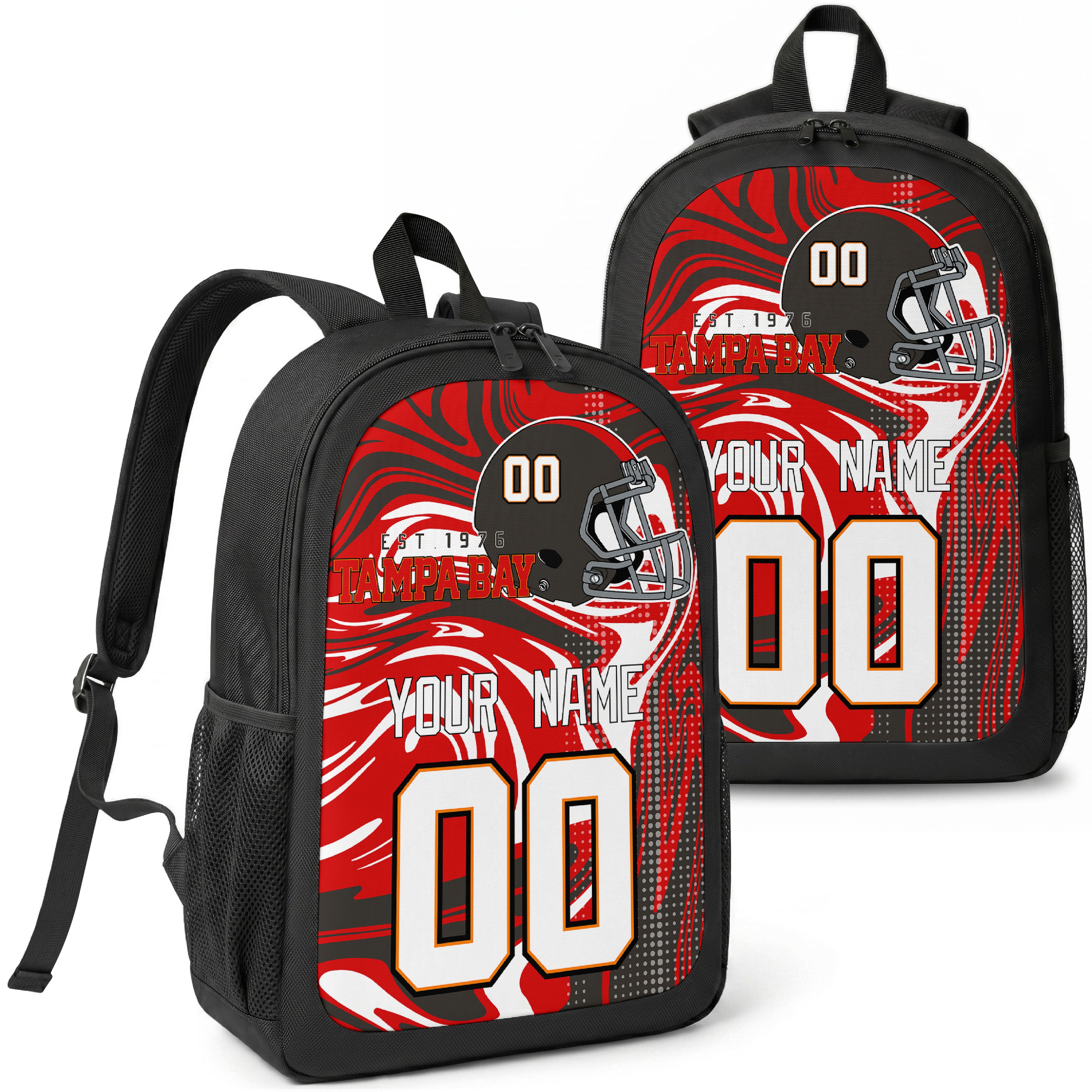 Tampa Bay custom football backpack with name and number, front and angled product view