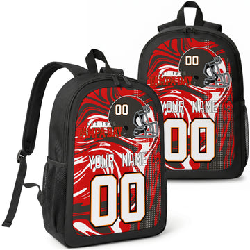 Tampa Bay custom football backpack with name and number, front and angled product view