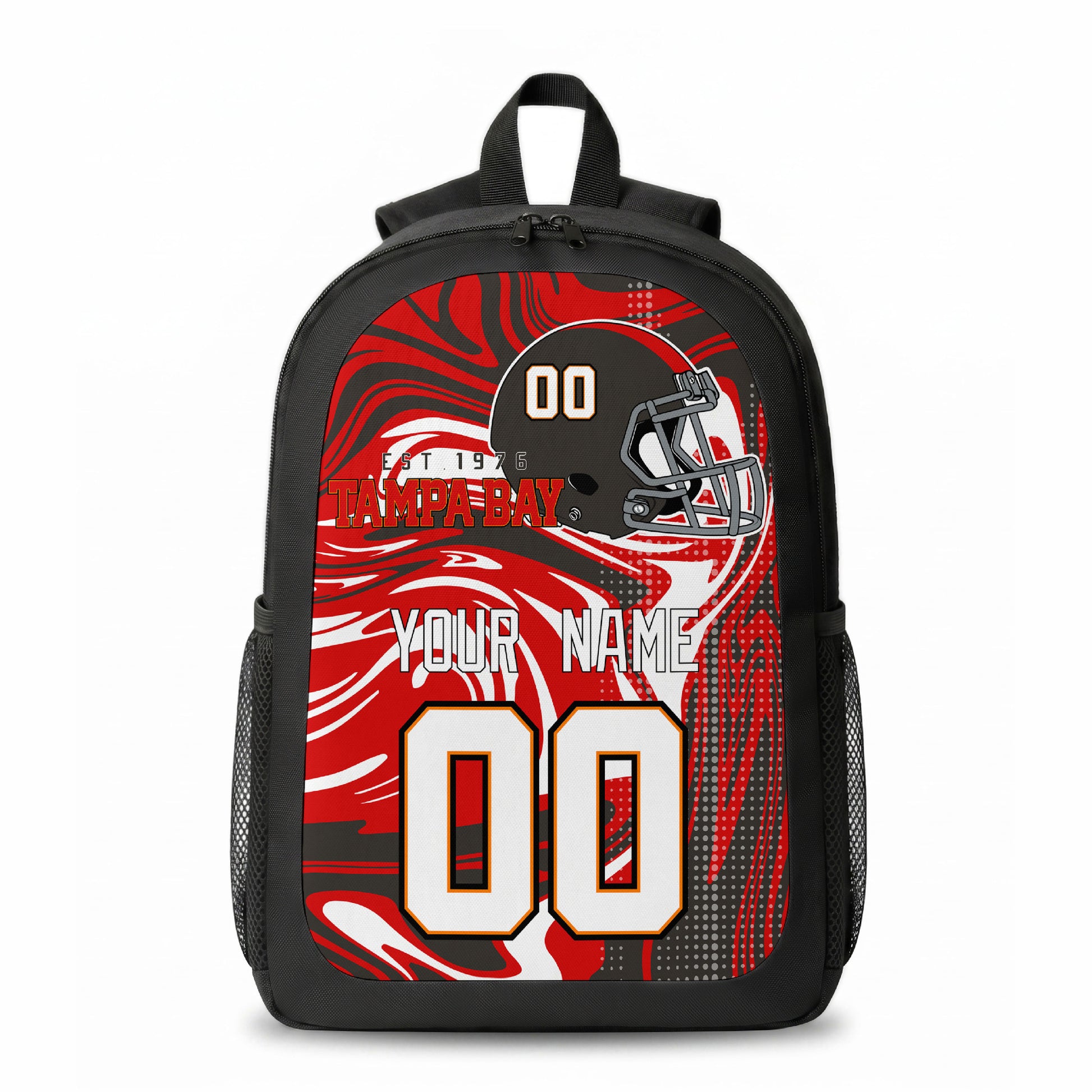 Tampa Bay city colors personalized football backpack front view with helmet-style graphic