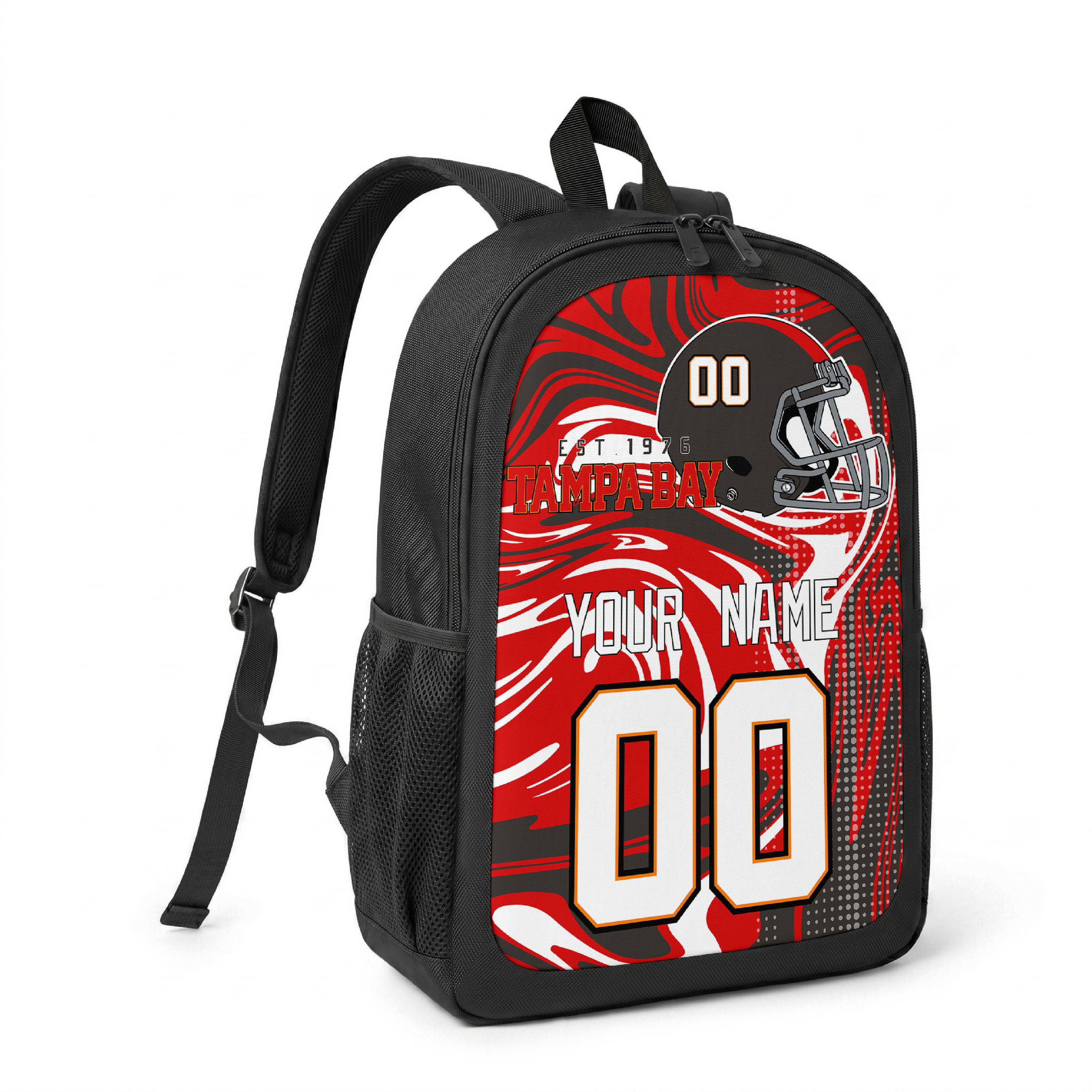 Tampa Bay custom name and number football backpack angled side view with black straps