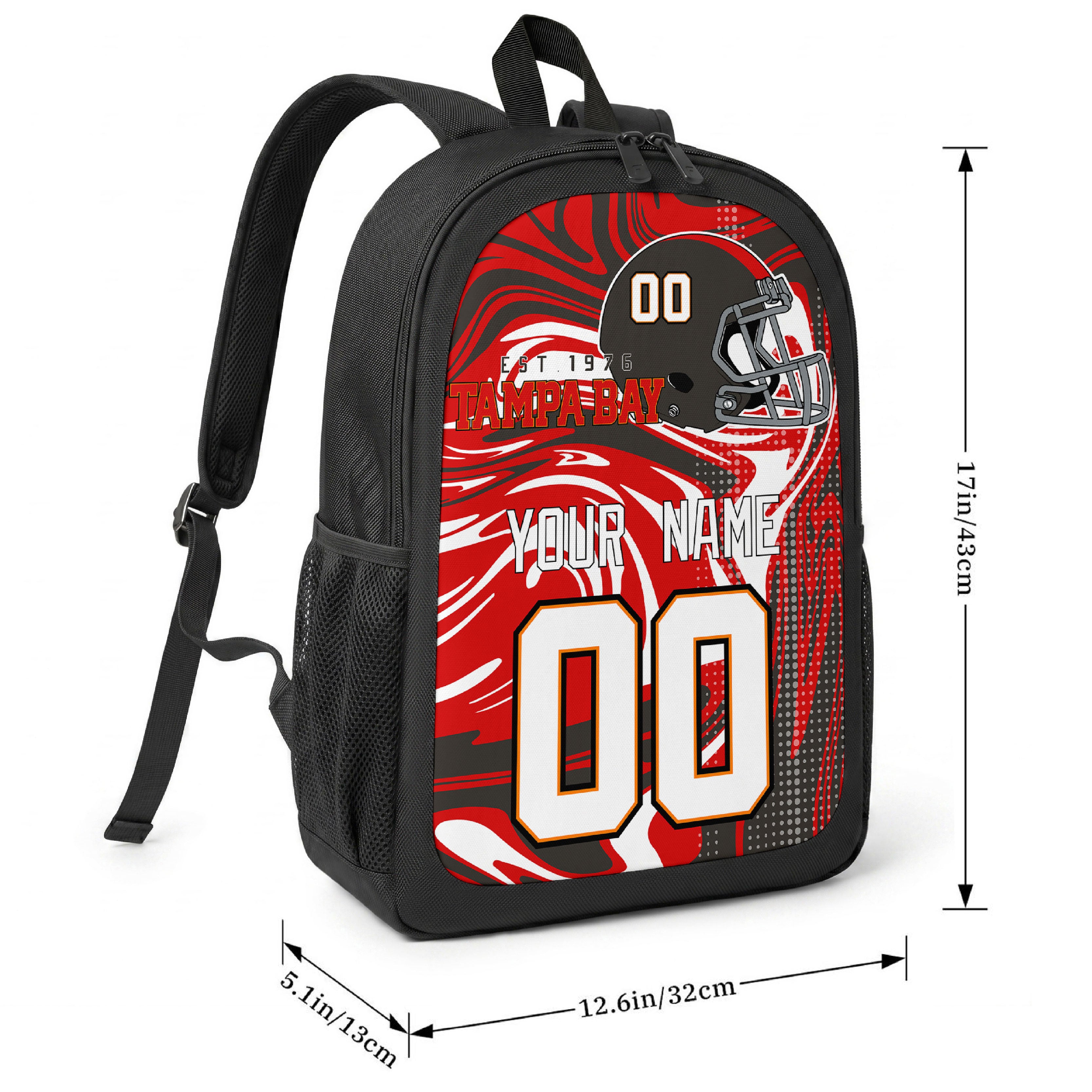 Tampa Bay football-inspired backpack size chart showing 17 inch height, 12.6 inch width, and 5.1 inch depth