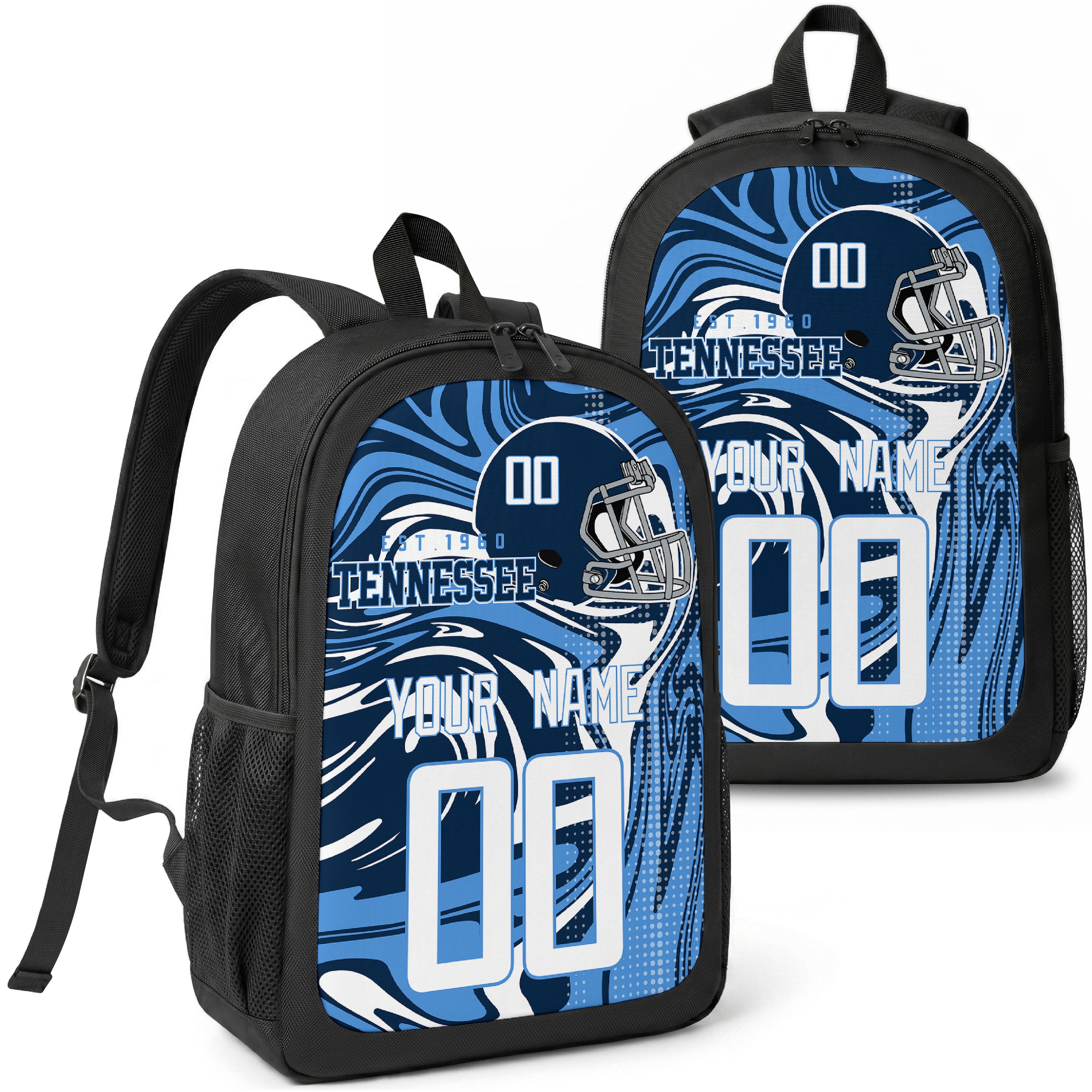 Tennessee custom football backpack with name and number, front and angled product view