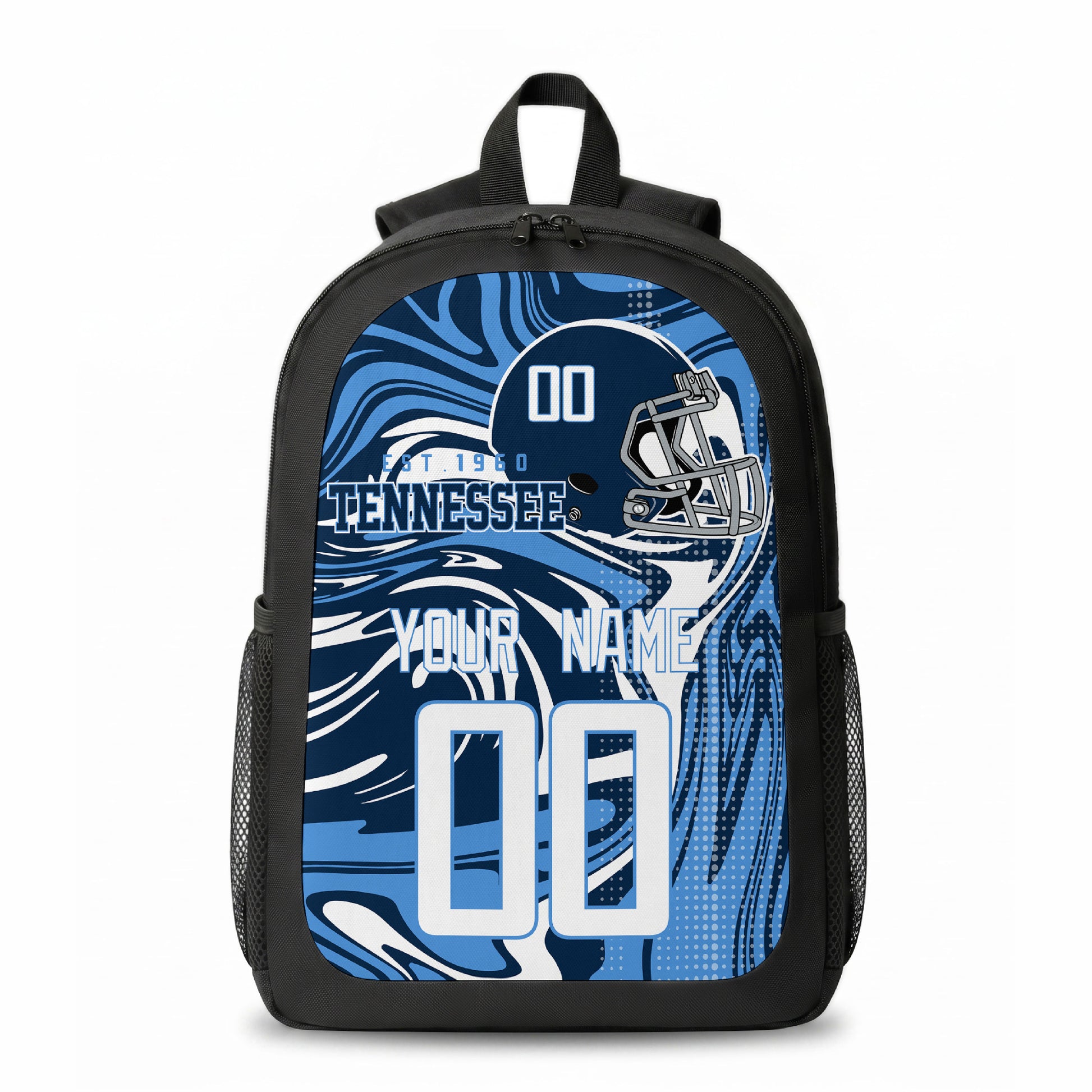 Tennessee city colors personalized football backpack front view with helmet-style graphic