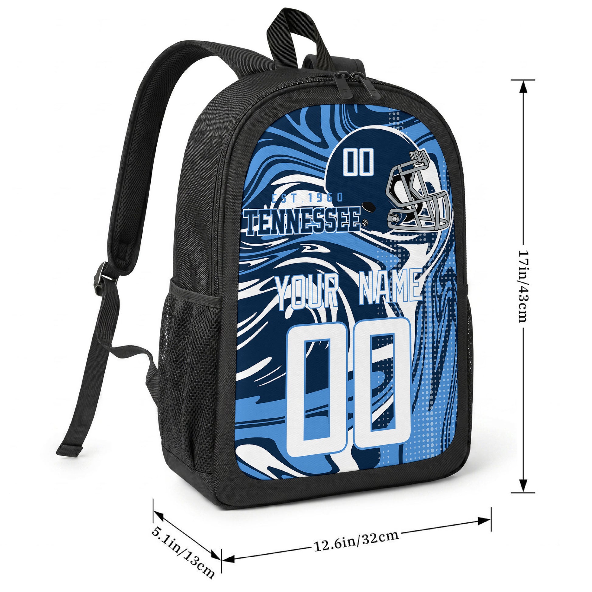 Tennessee football-inspired backpack size chart showing 17 inch height, 12.6 inch width, and 5.1 inch depth