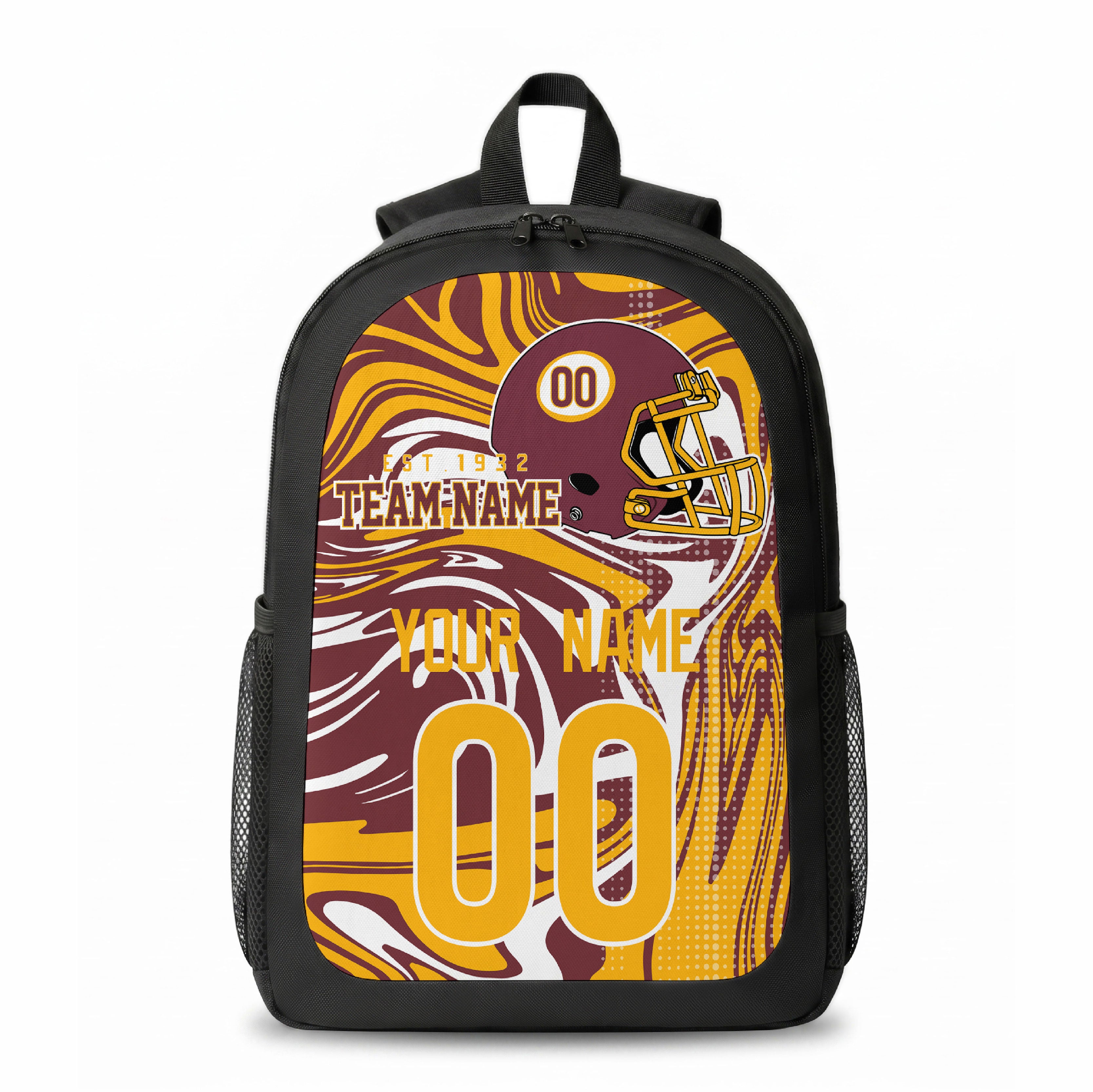 Washington city colors personalized football backpack front view with helmet-style graphic