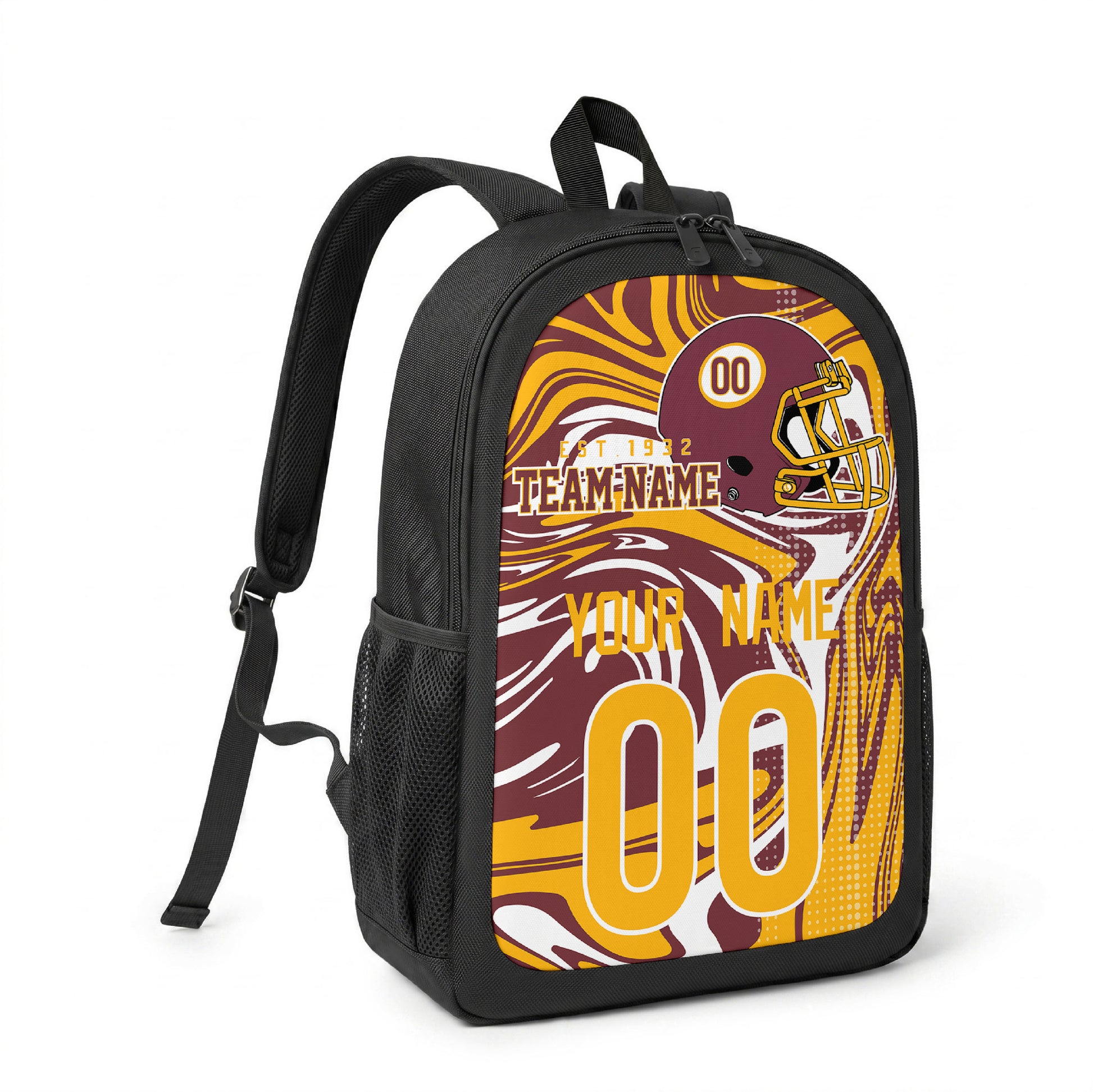 Washington custom name and number football backpack angled side view with black straps
