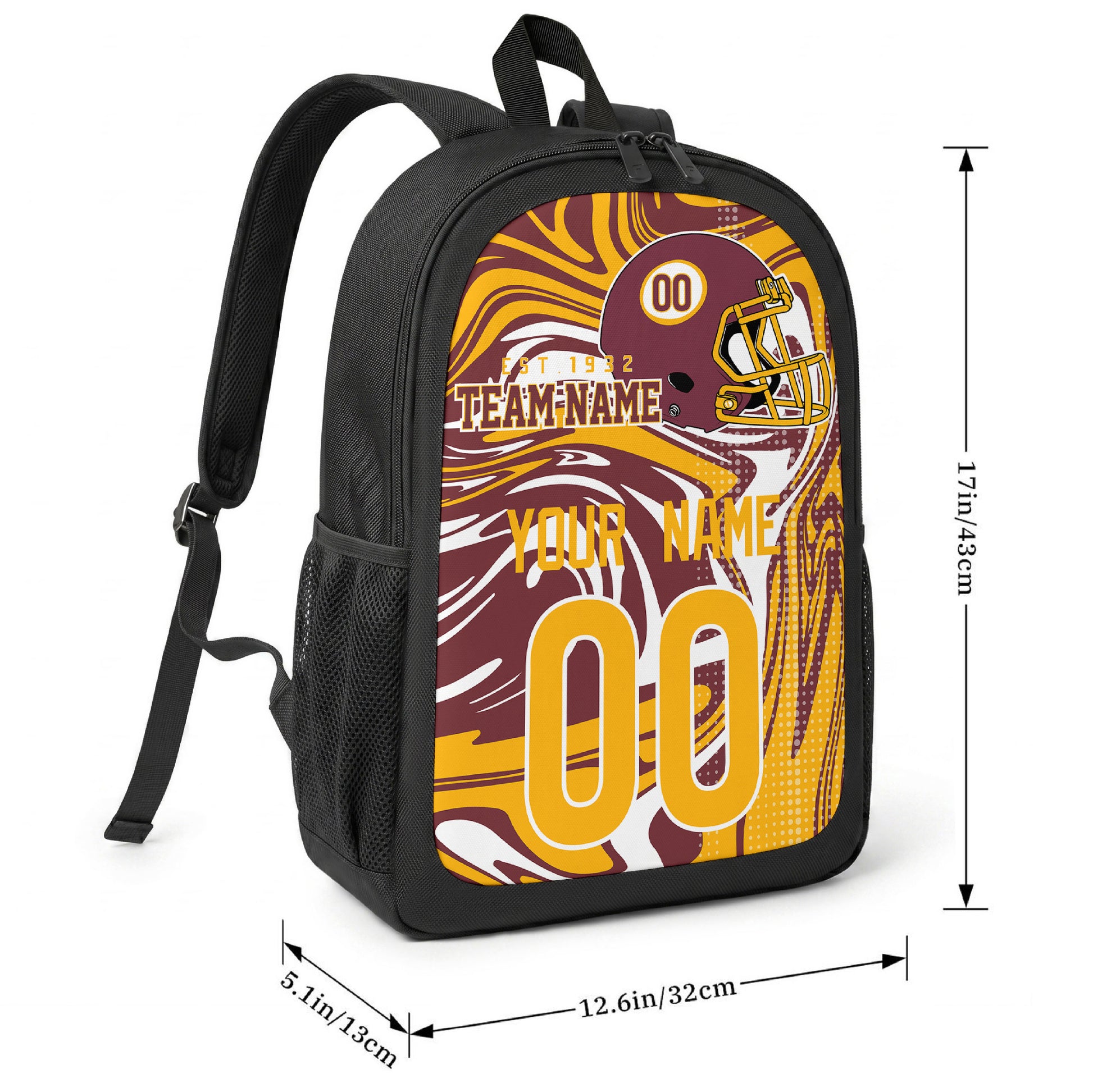 Washington football-inspired backpack size chart showing 17 inch height, 12.6 inch width, and 5.1 inch depth