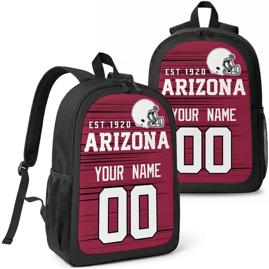 Arizona custom football backpack with name and number, front and angled product view