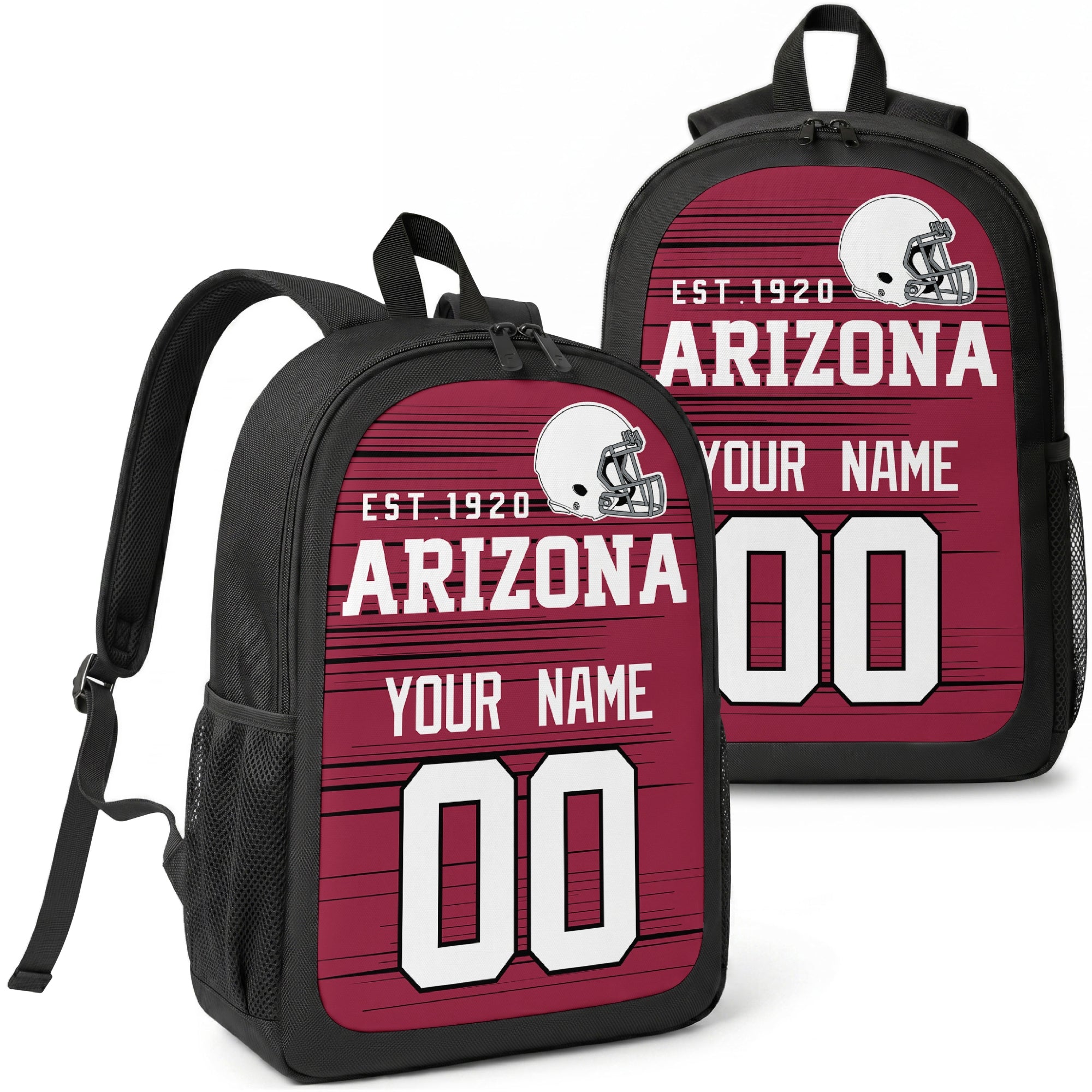 Arizona custom football backpack with name and number, front and angled product view