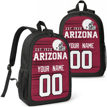 Arizona custom football backpack with name and number, front and angled product view