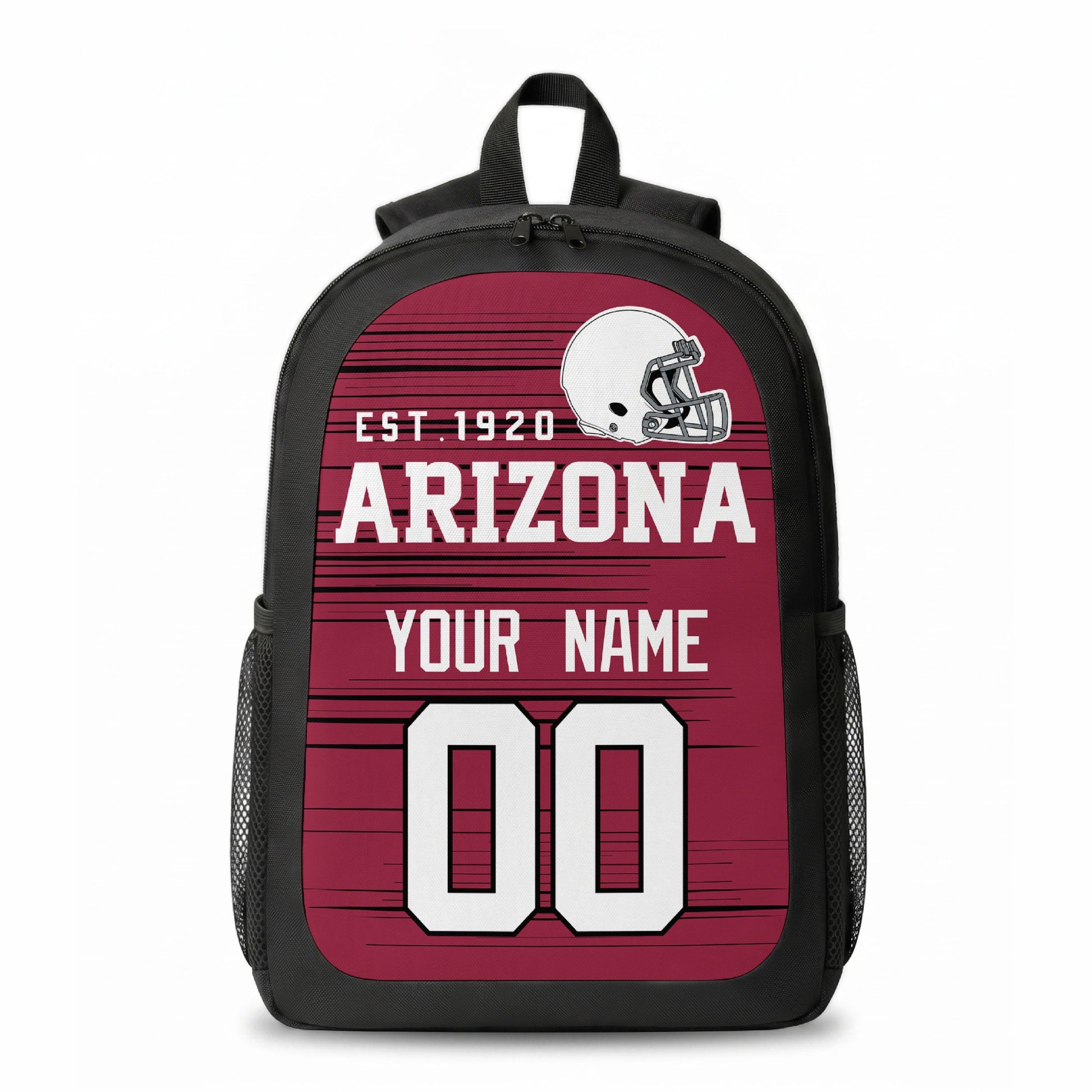 Arizona stripe colors personalized football backpack front view with helmet-style graphic