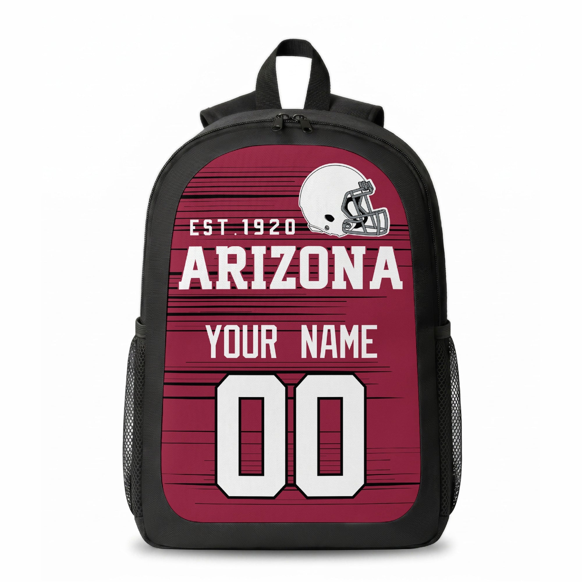 Arizona stripe colors personalized football backpack front view with helmet-style graphic