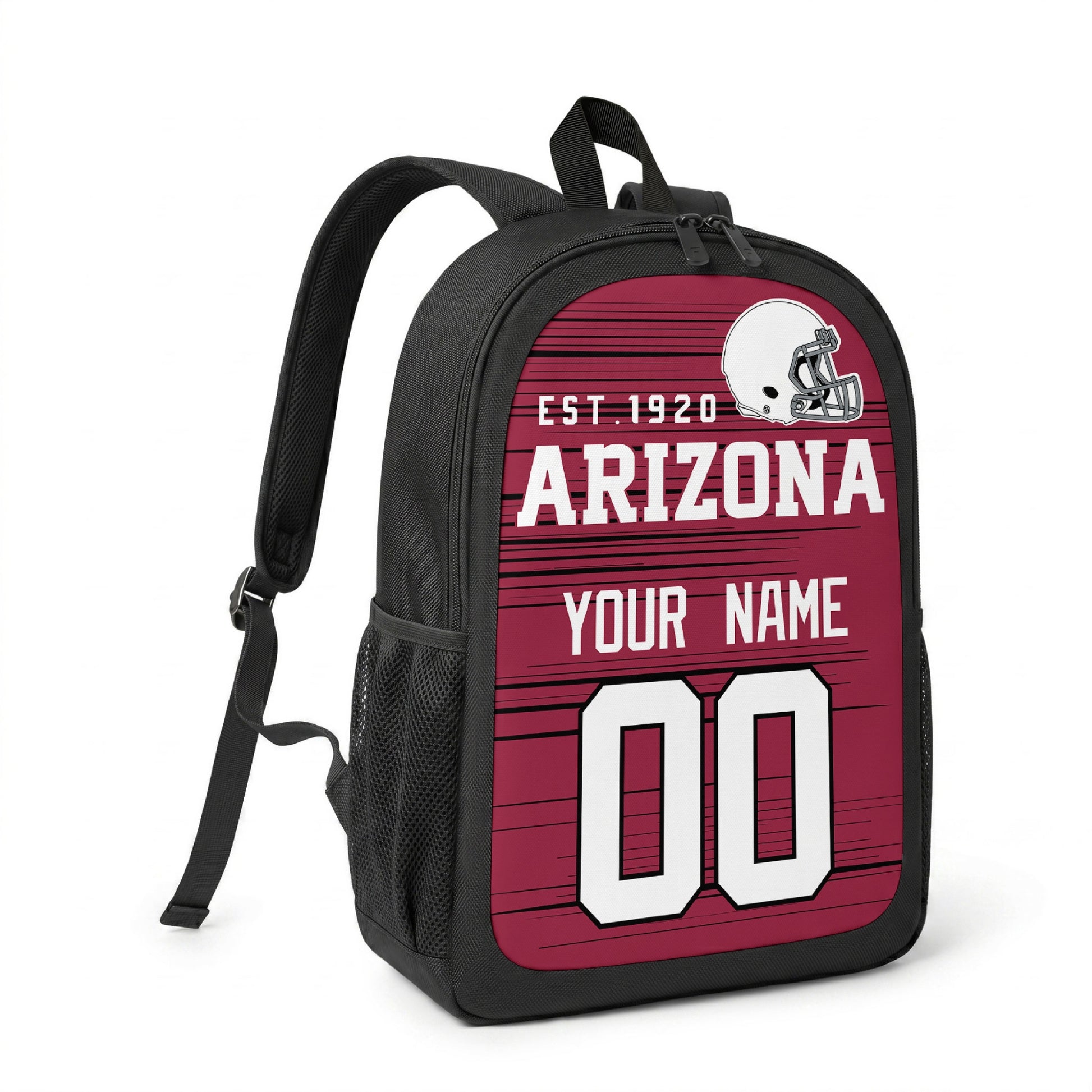 Arizona custom name and number football backpack angled side view with black straps