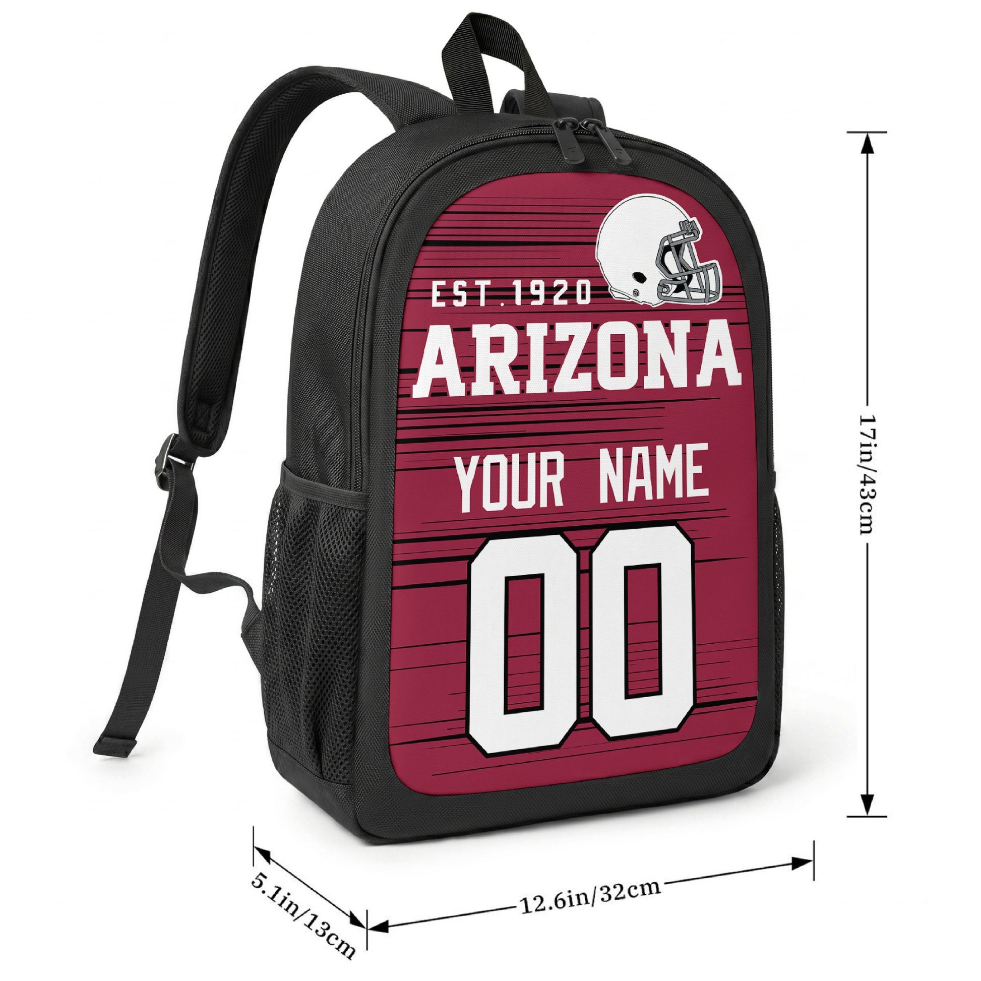 Arizona football-inspired backpack size chart showing 17 inch height, 12.6 inch width, and 5.1 inch depth
