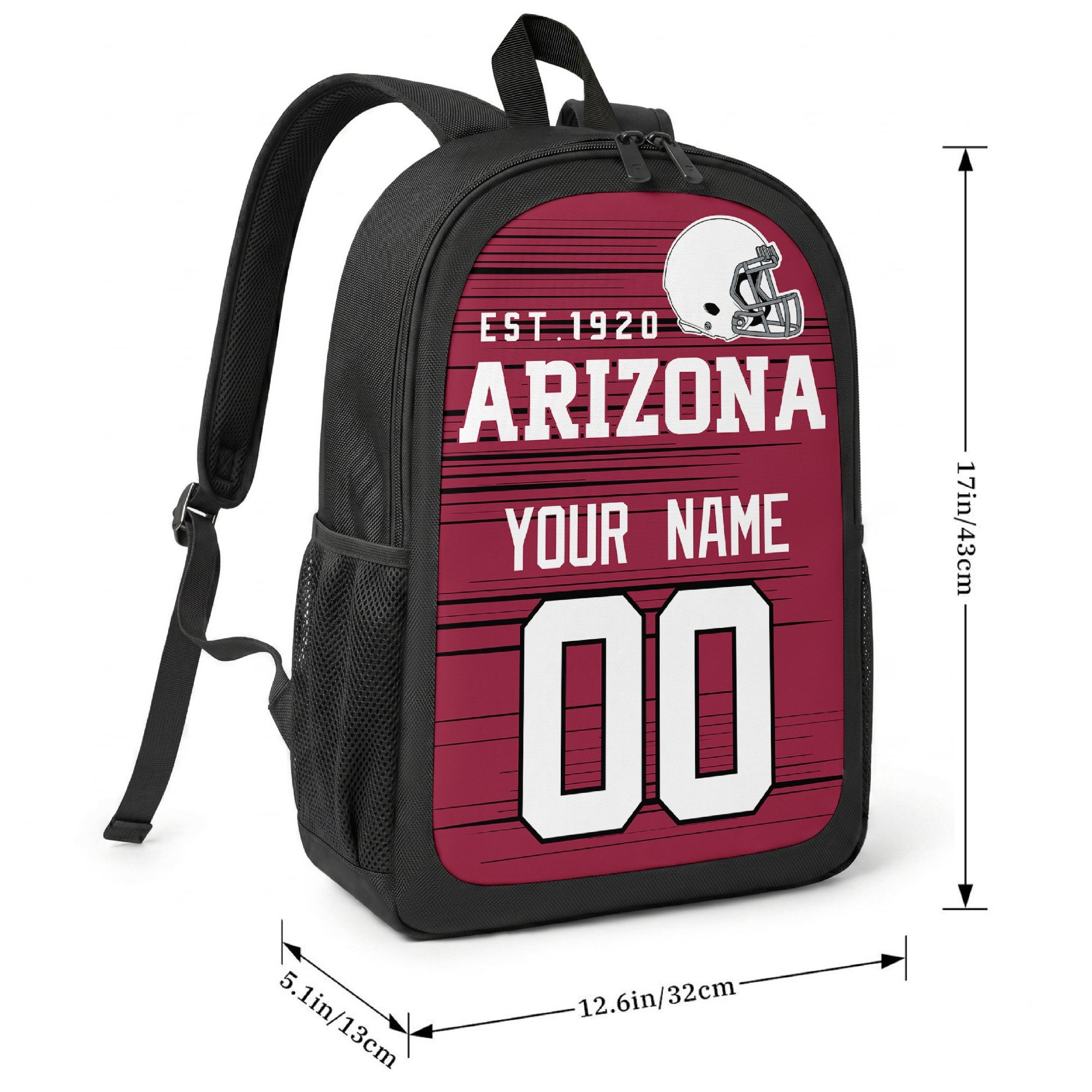 Arizona football-inspired backpack size chart showing 17 inch height, 12.6 inch width, and 5.1 inch depth