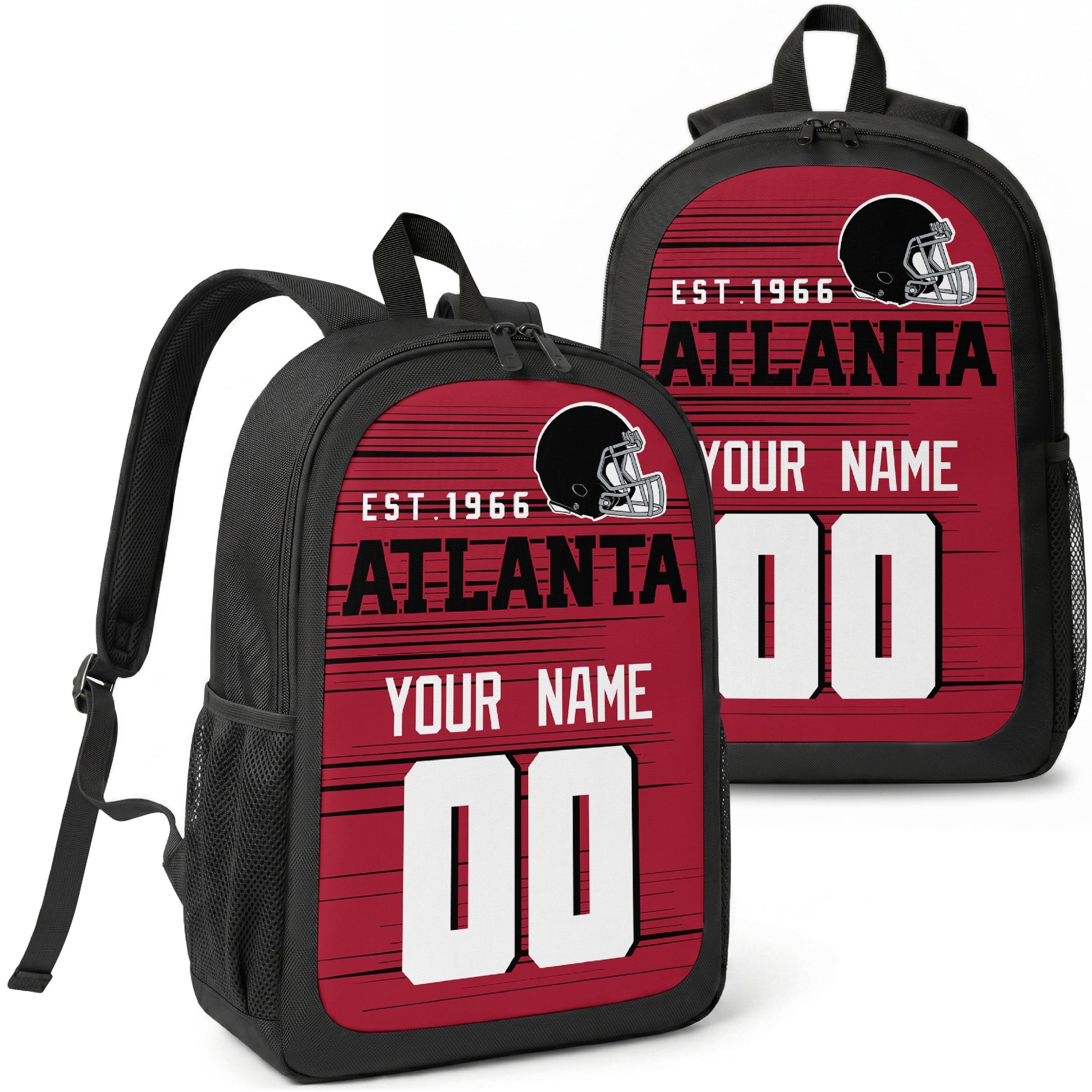 Atlanta custom football backpack with name and number, front and angled product view