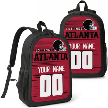 Atlanta custom football backpack with name and number, front and angled product view