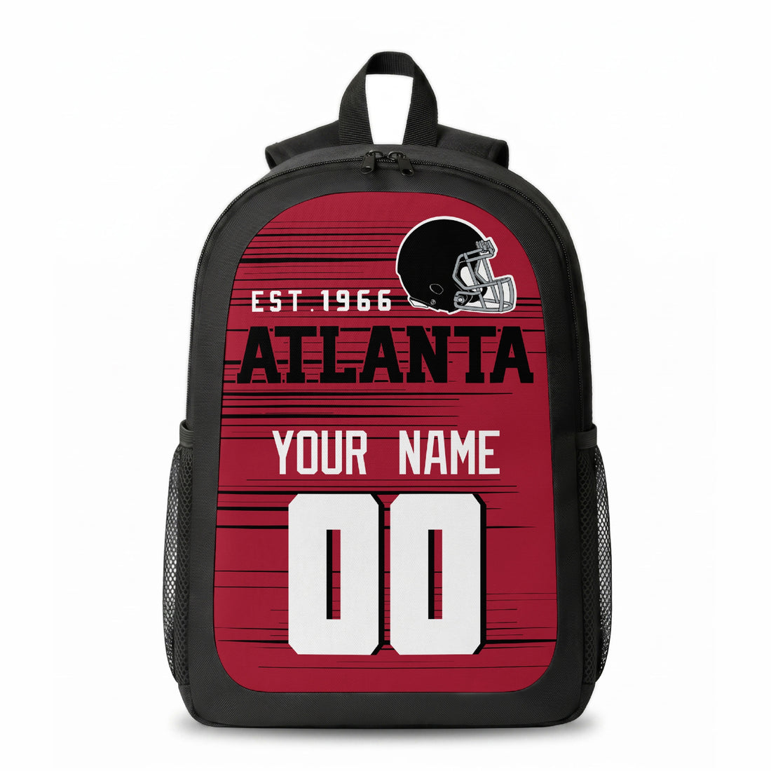 Atlanta custom football backpack with name and number, front and angled product view