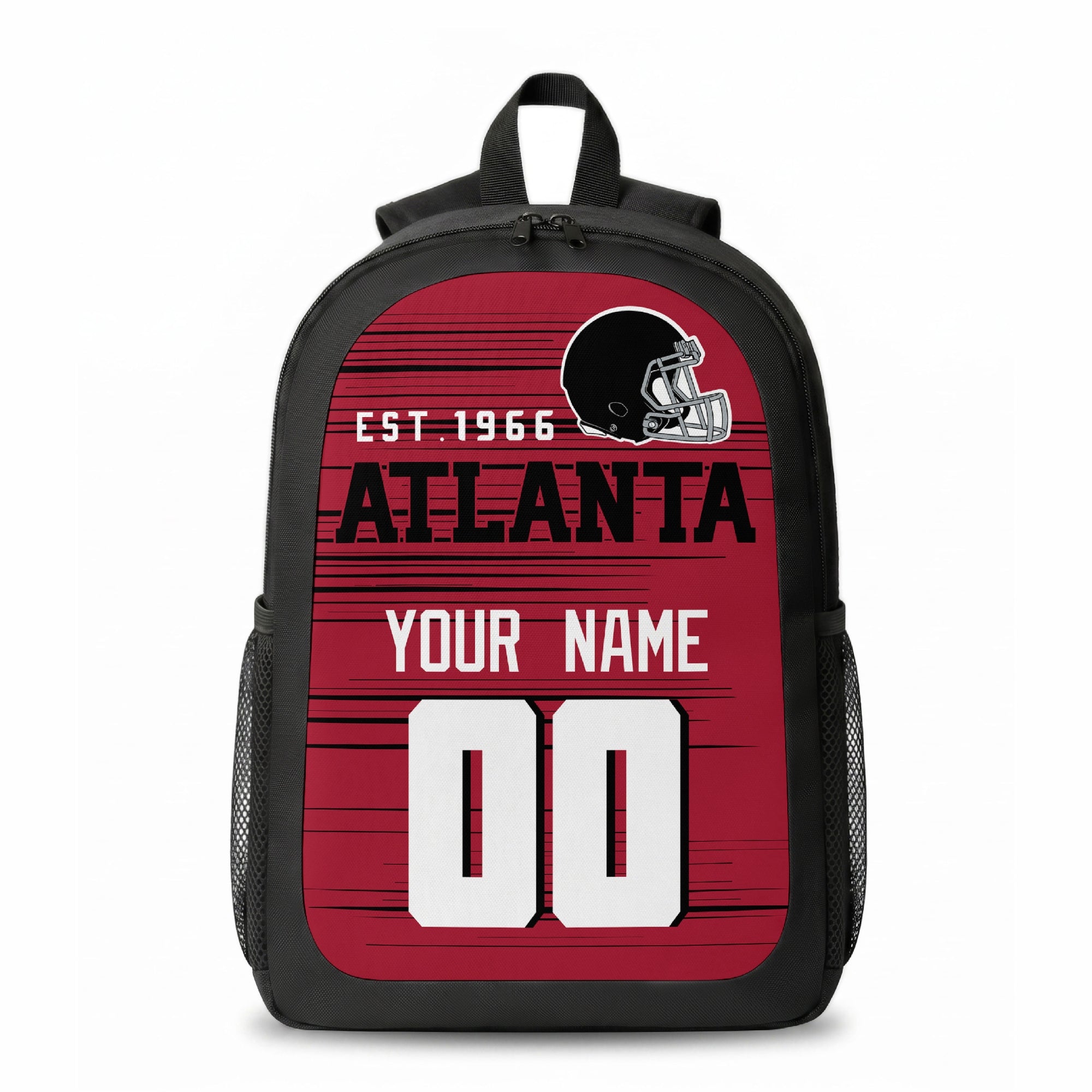 Atlanta stripe colors personalized football backpack front view with helmet-style graphic