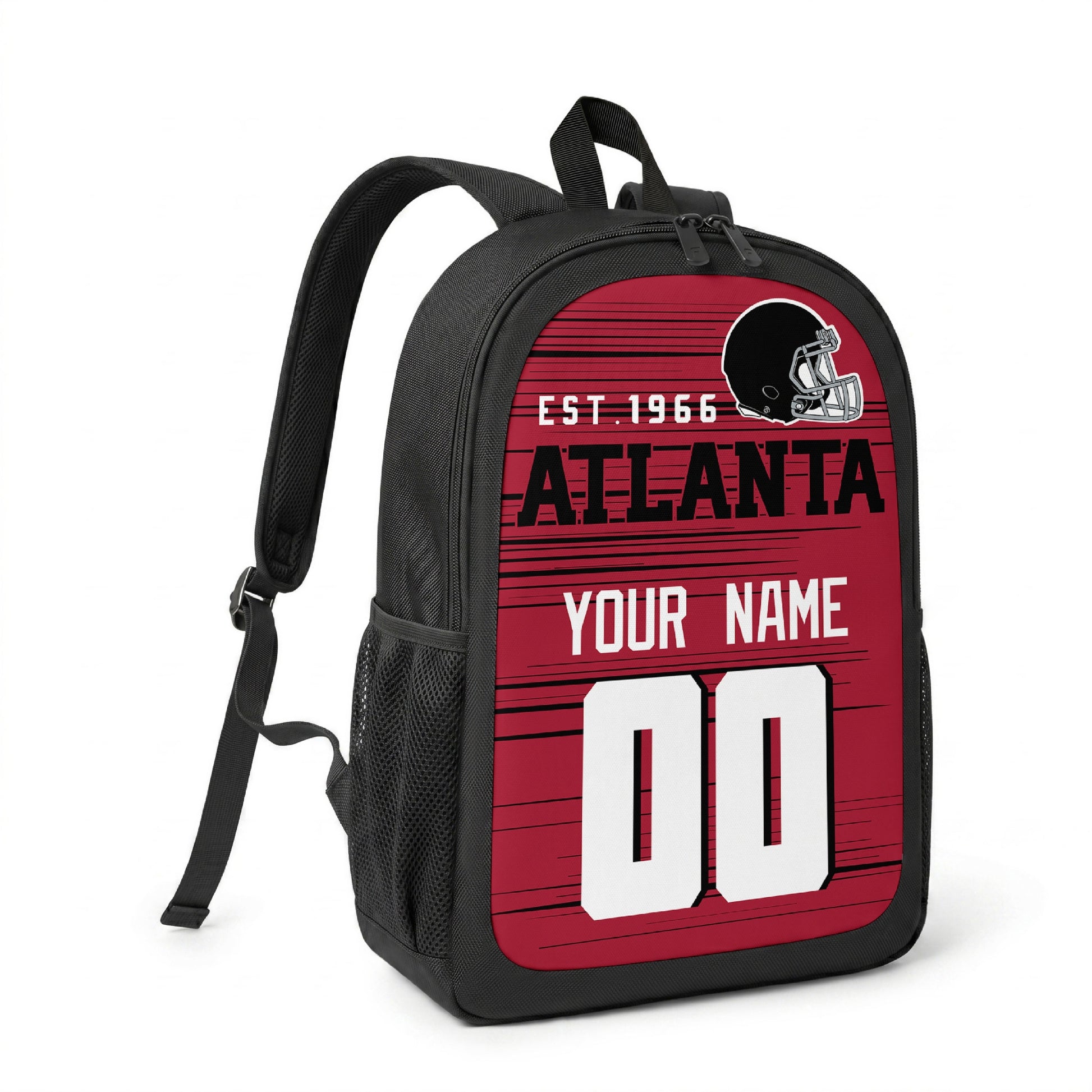 Atlanta custom name and number football backpack angled side view with black straps