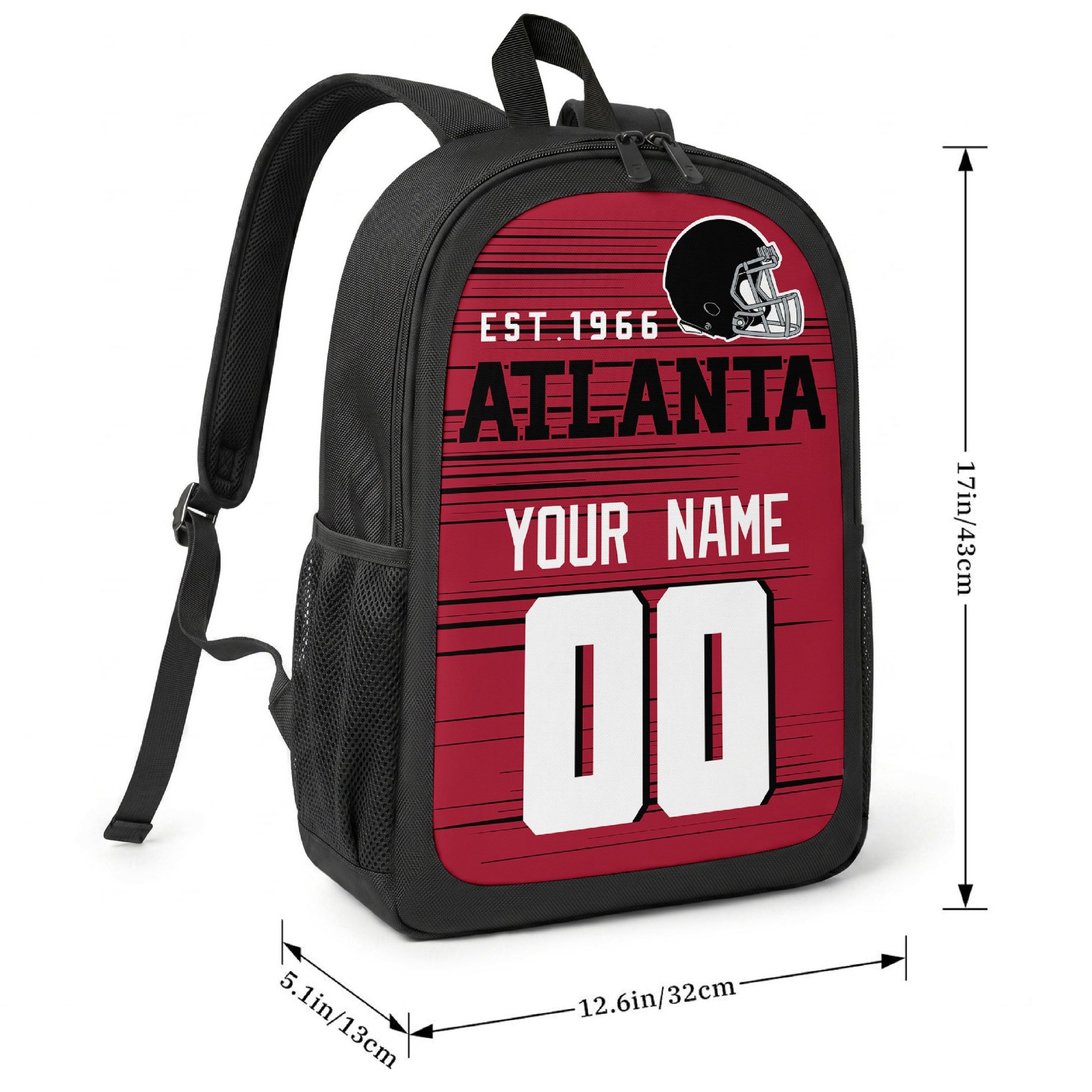 Atlanta football-inspired backpack size chart showing 17 inch height, 12.6 inch width, and 5.1 inch depth