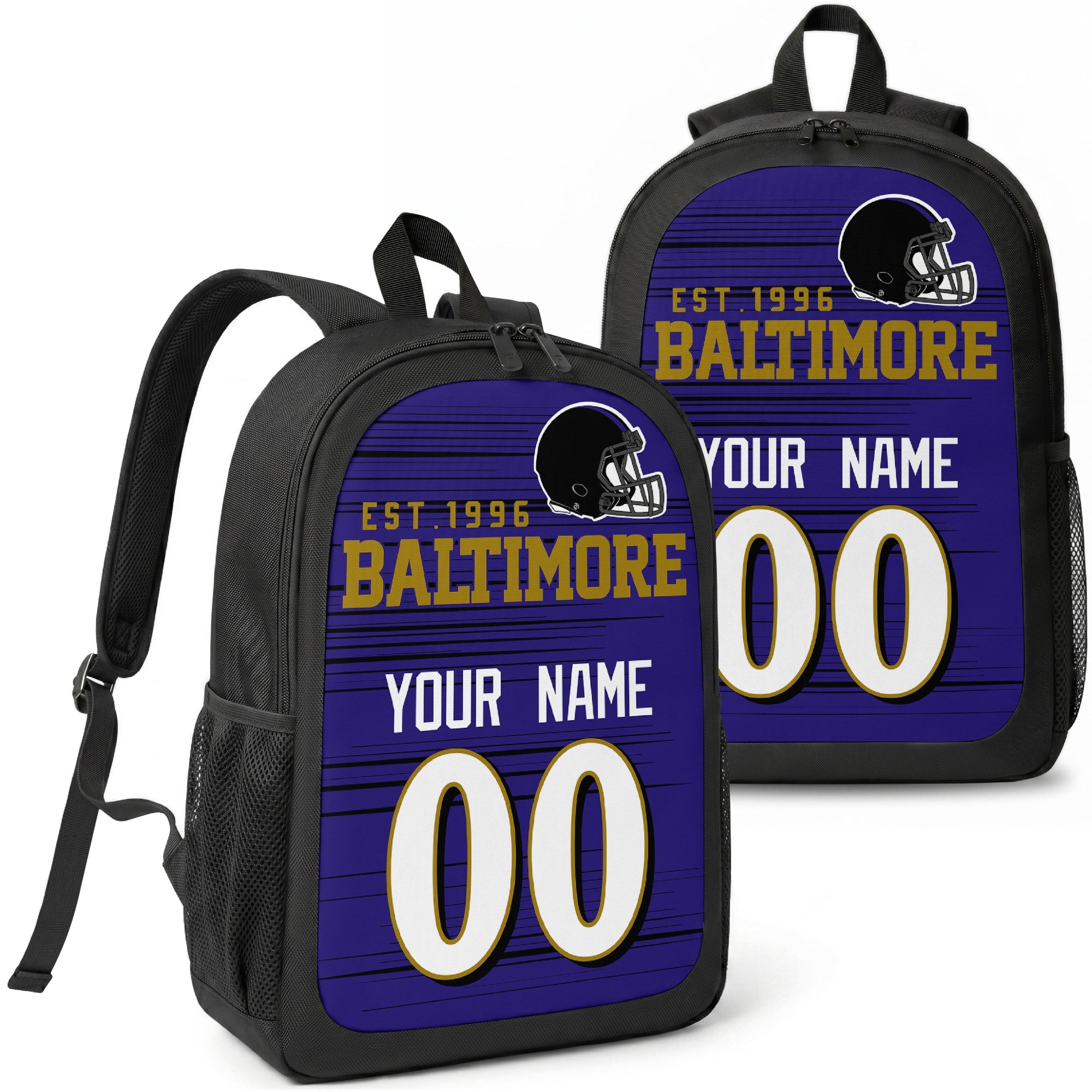 Baltimore custom football backpack with name and number, front and angled product view