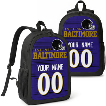 Baltimore custom football backpack with name and number, front and angled product view