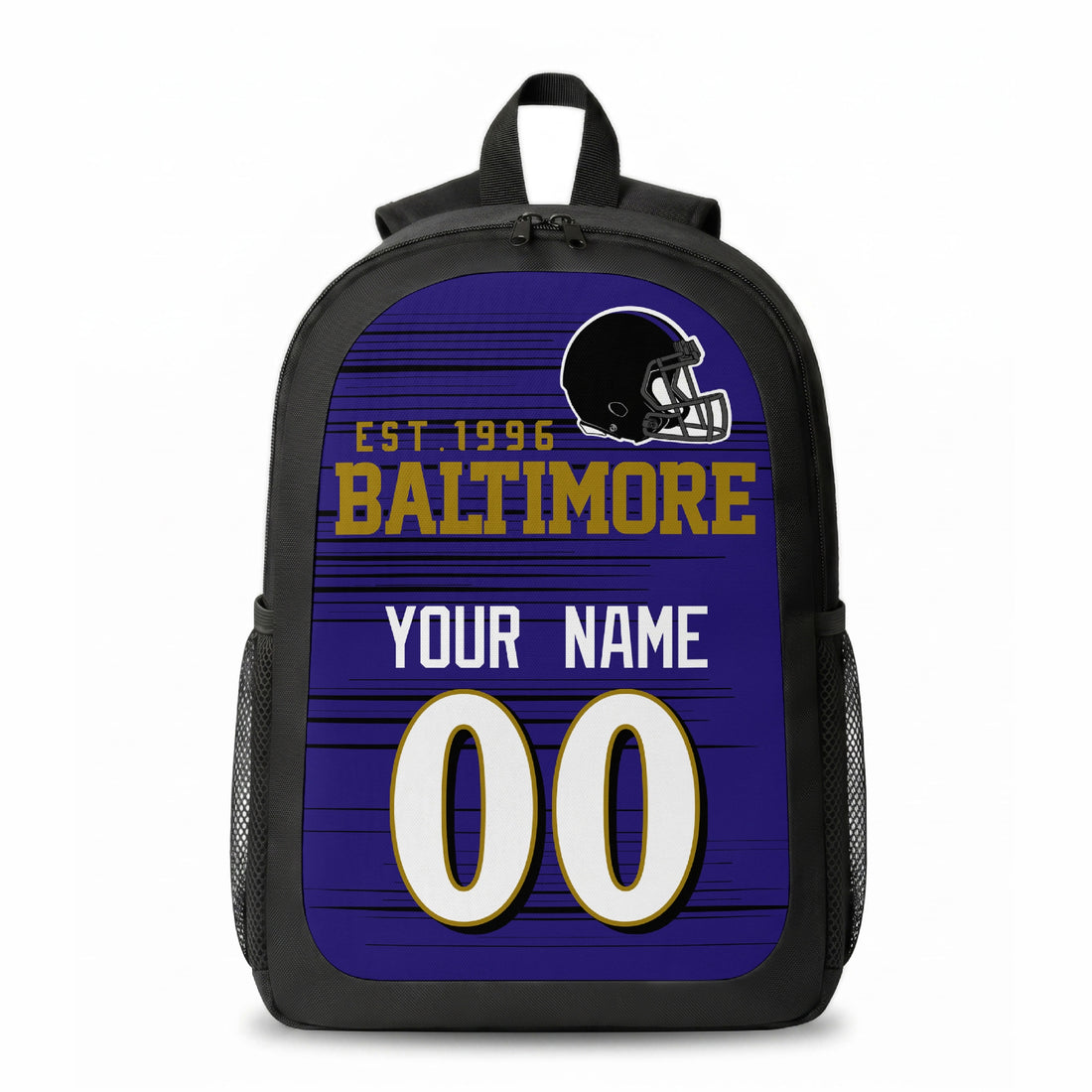 Baltimore custom football backpack with name and number, front and angled product view