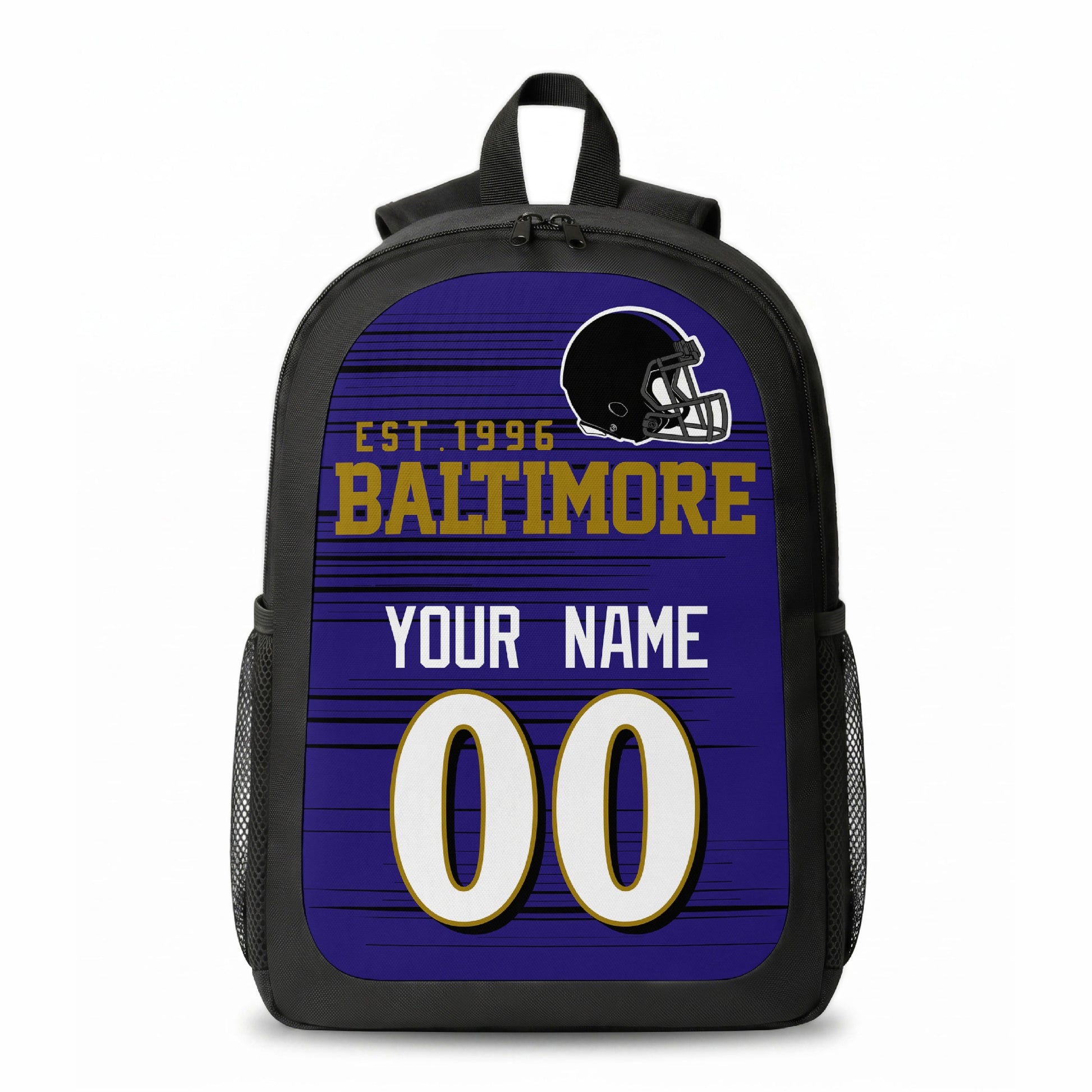 Baltimore stripe colors personalized football backpack front view with helmet-style graphic