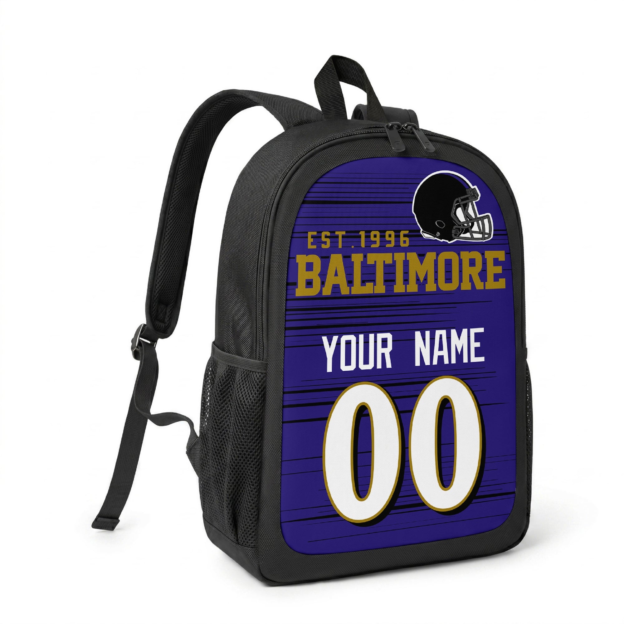Baltimore custom name and number football backpack angled side view with black straps