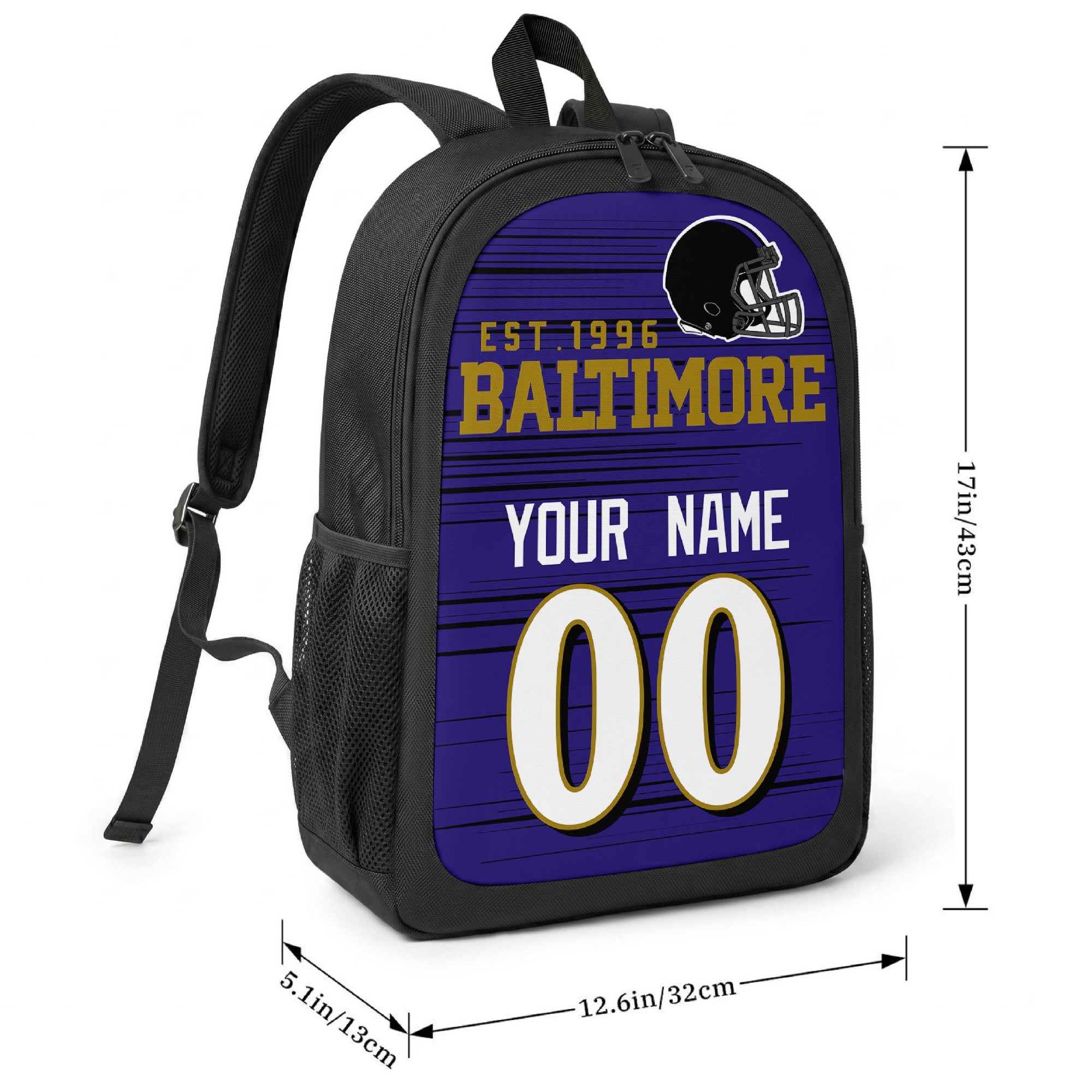 Baltimore football-inspired backpack size chart showing 17 inch height, 12.6 inch width, and 5.1 inch depth