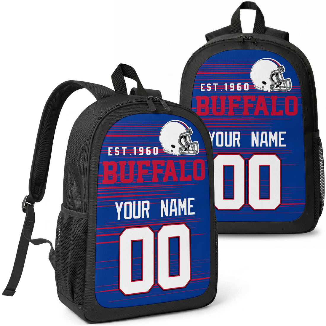 Buffalo custom football backpack with name and number, front and angled product view
