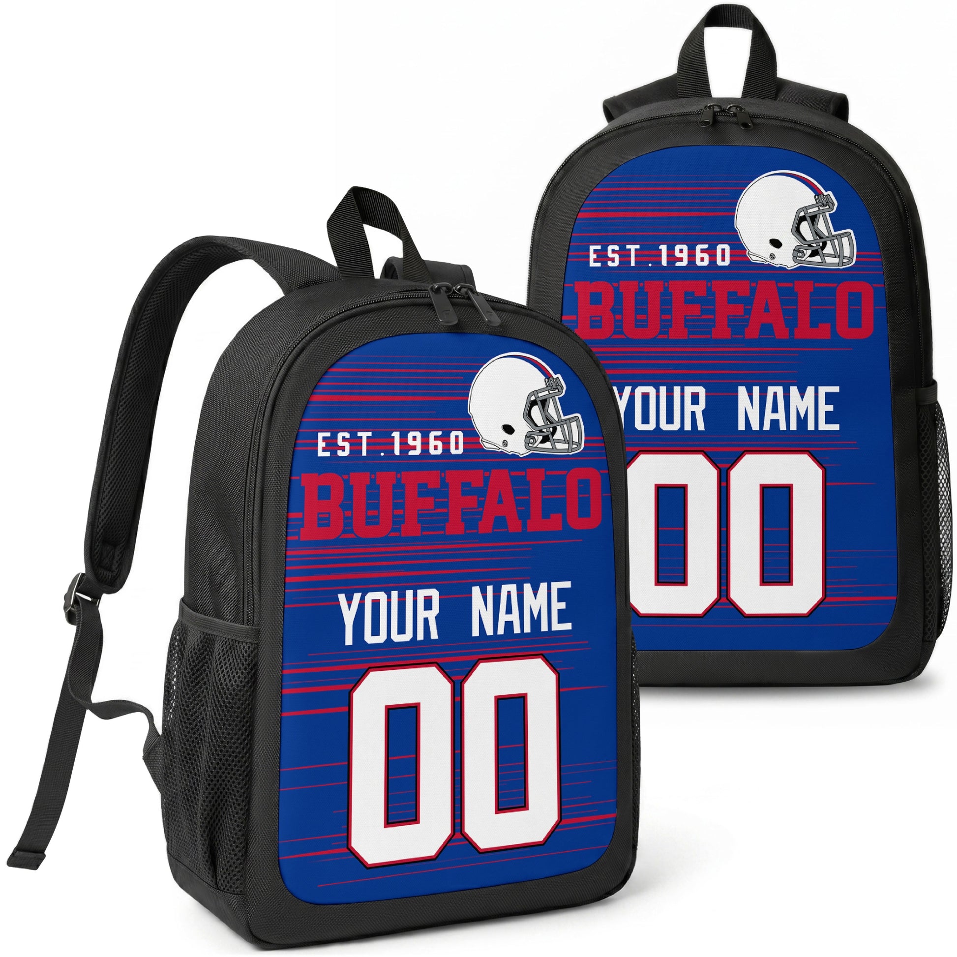 Buffalo custom football backpack with name and number, front and angled product view